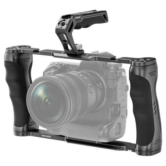 NEEWER Universal Cage Camera Cage and Top Handle with 3/8" ARRI Positioning Pin Set, Video Rig Stabilizer with Arca Base, Two Handles, Compatible with SmallRig Accessories, CA016T