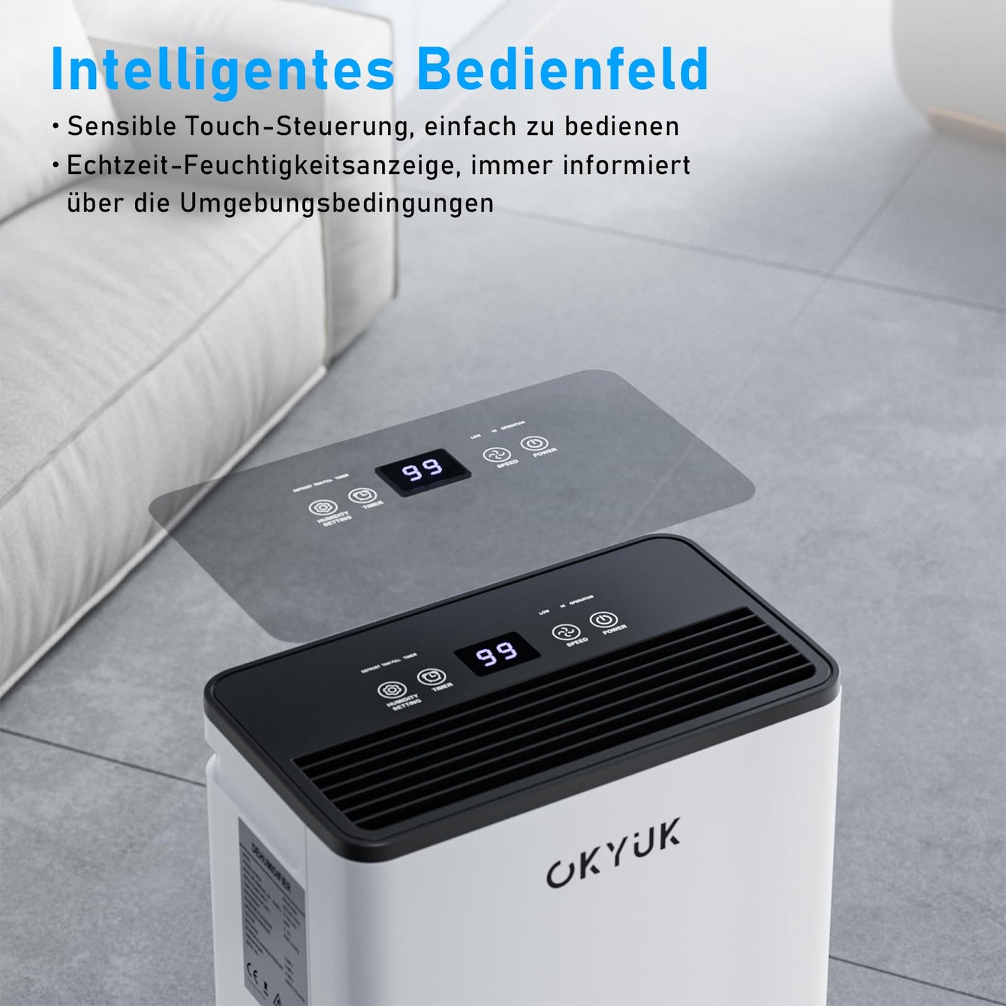 OKYUK Electric Dehumidifier 10L with Digital Humidity Display, 32dB Quiet 25m², with Automatic Switch-Off, for Motorhome, Bathroom, Basement, 1 Year Exchange/10 Year Warranty (10L White) - PD10R-03BE