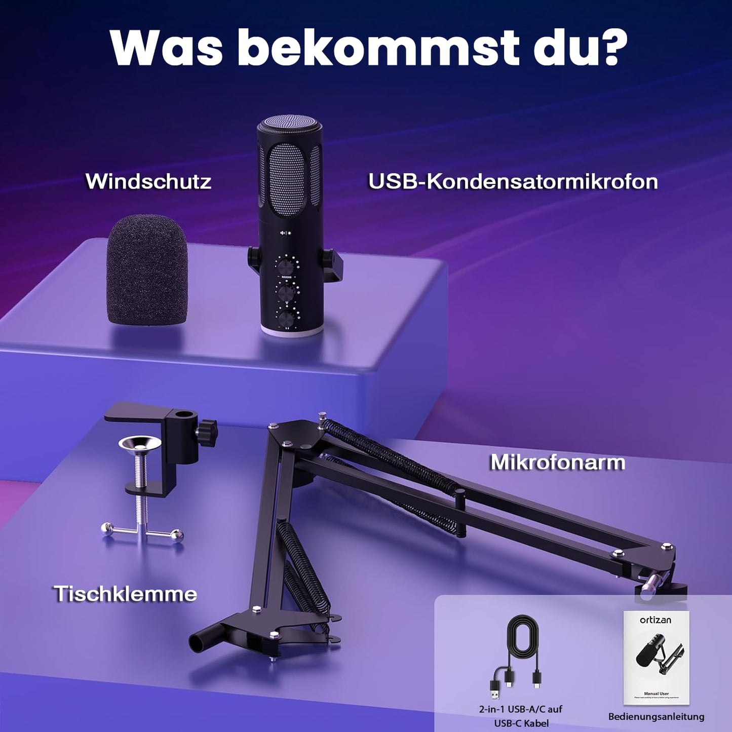 Ortizan USB gaming microphone PC with swivel arm, mute and monitoring - C1