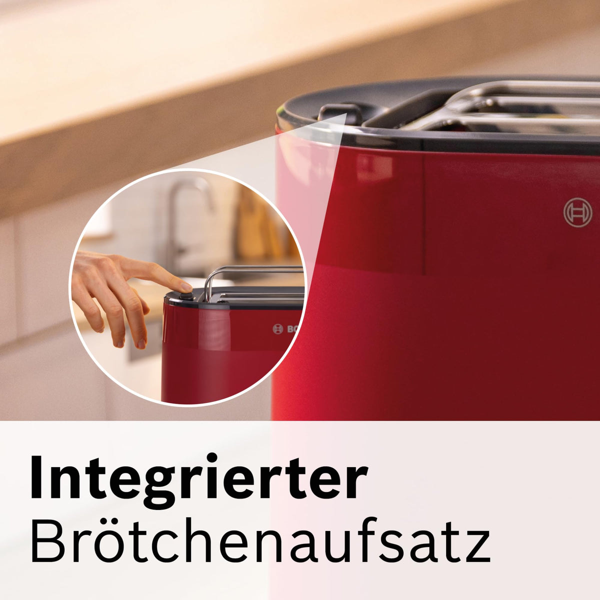 Bosch Compact Toaster MyMoment TAT2M124, integrated bun warmer, with defrost function, automatic shut-off, lift function, bread centering, perfect for 2 slices, 800 Watts, Matte Red