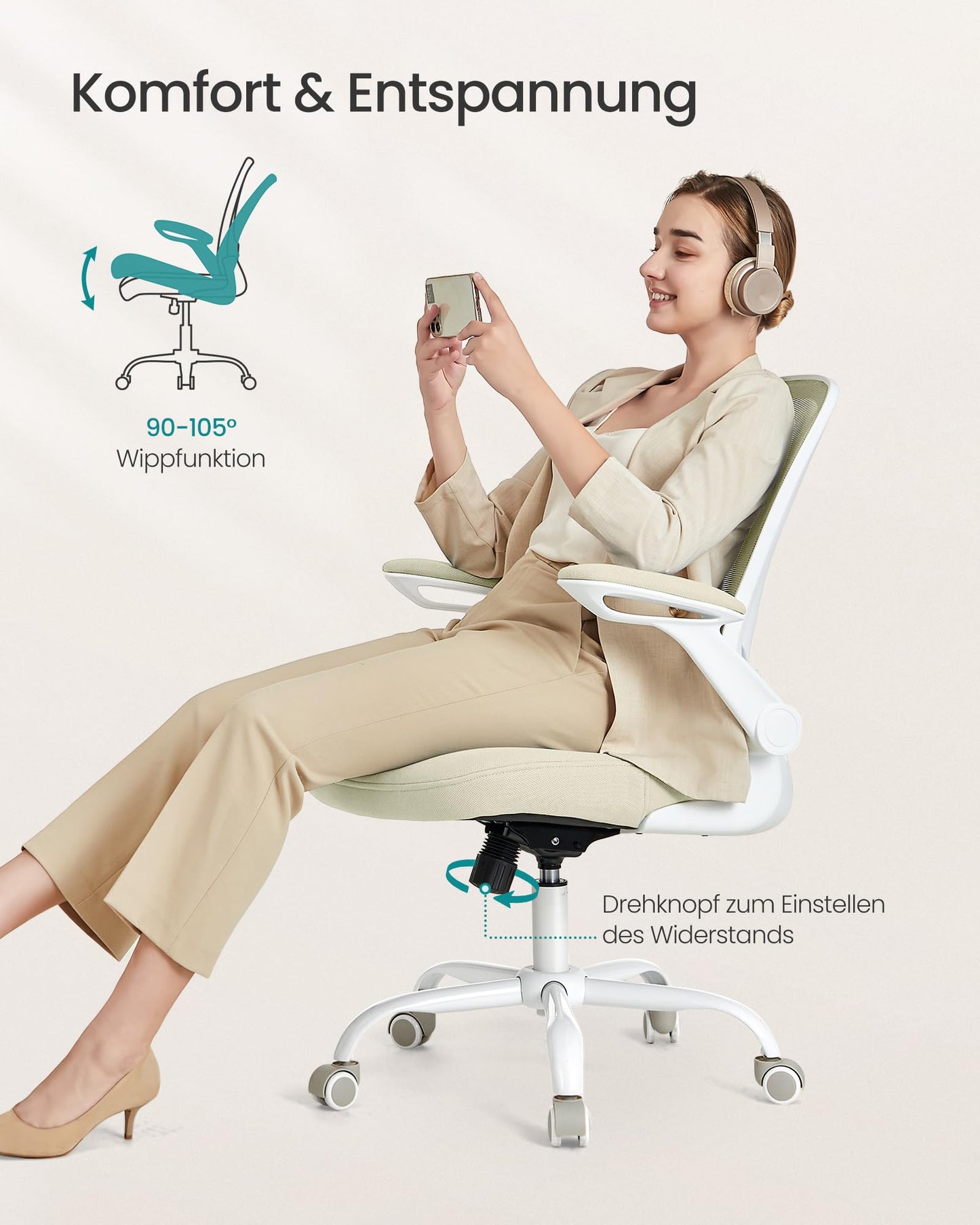SONGMICS ergonomic office chair, swivel chair with mesh, lumbar and headrest, rocker function, 53 cm seat, folding armrests, study and bedroom, students, oatmeal beige OBN037K02