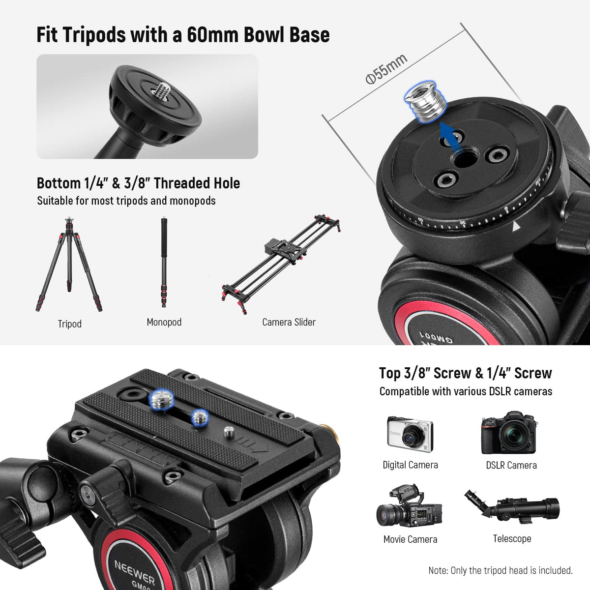 NEEWER Video Tripod Fluid Head with Quick Release Plate, compatible with Manfrotto, telescopic handle & panorama scaled base (⌀55mm), max. load 13.2lb/6kg, high load capacity for DSLR video cameras, GM001