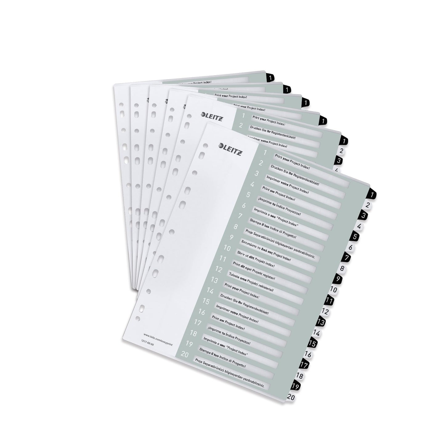 Leitz index for A4, pack of 6, PC-writable cover sheet and 20 dividers, tabs with numbers printed 1-20, extra width, white/black, polypropylene, WOW, 12170000 - 12170000-6