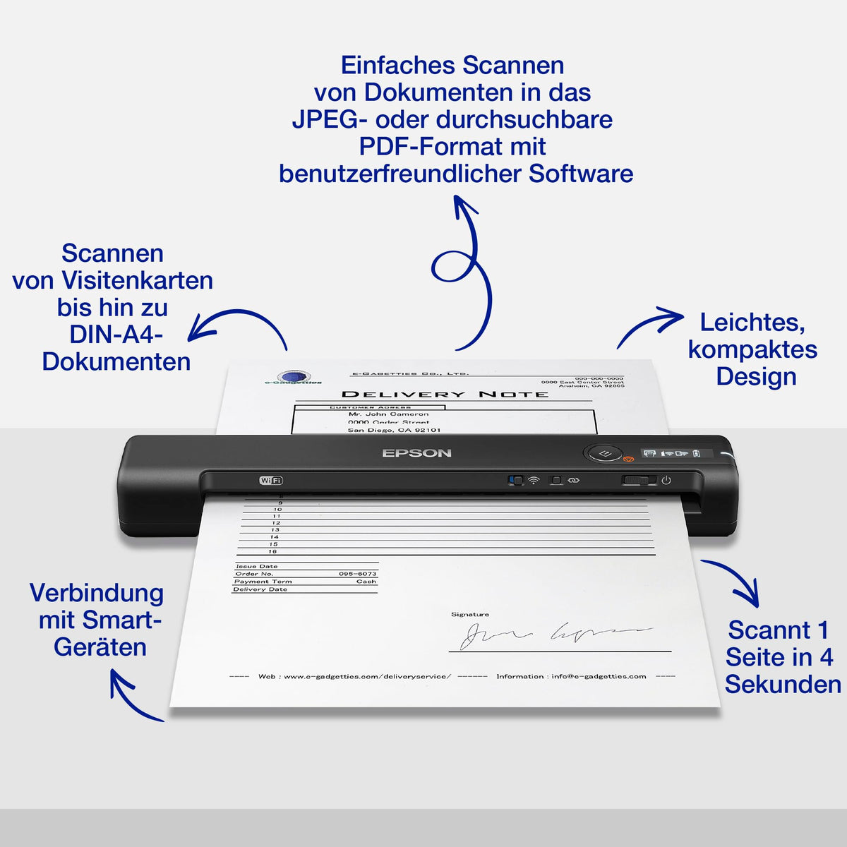 Epson Workforce ES-60W mobile document scanner (scanner, DIN A4, integrated battery, 600dpi, WiFi, USB 2.0) - B11B253401