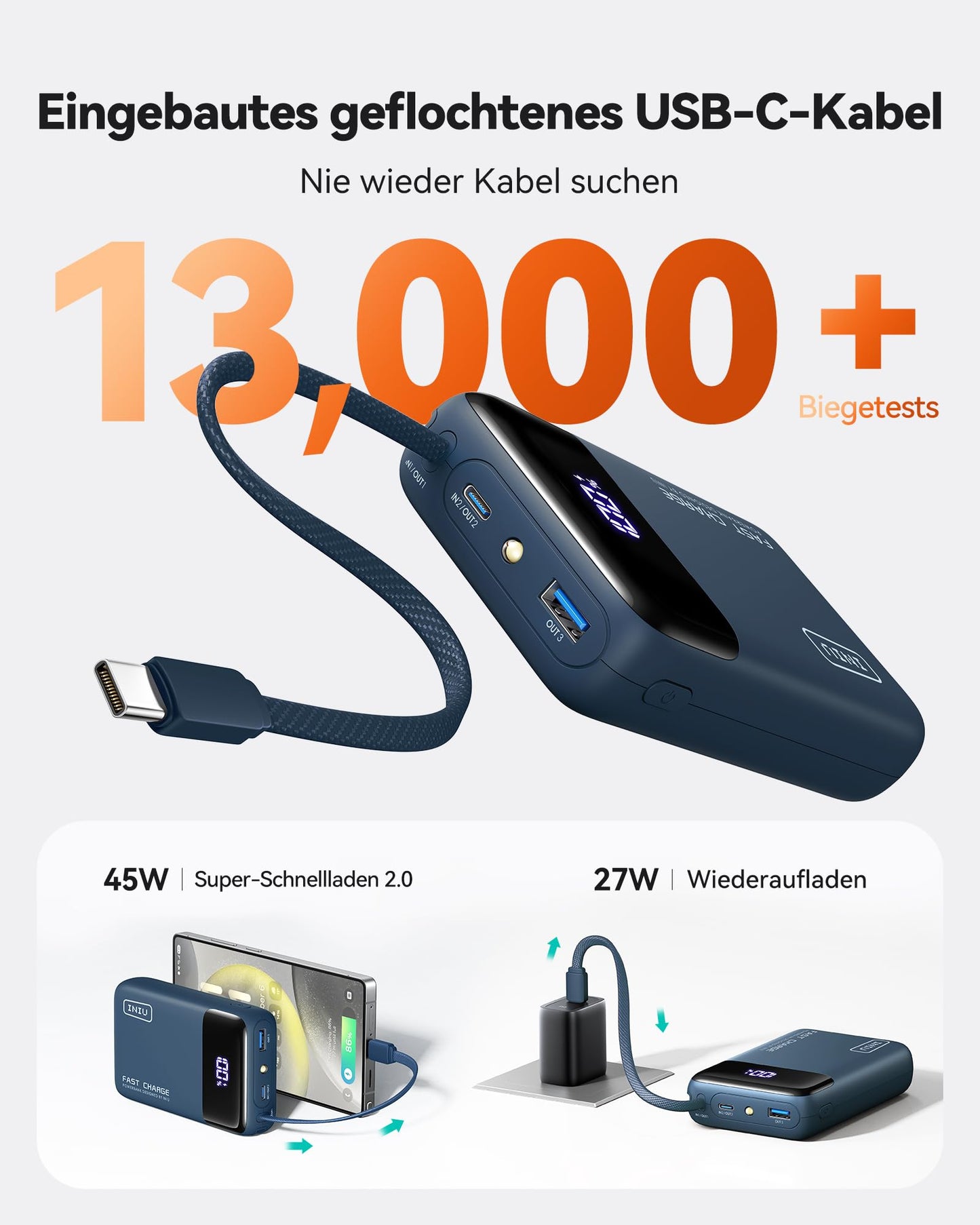 INIU 45W power bank, ultra small 20000mAh power bank with integrated USB C cable, quick charging external mobile phone batteries, suitable for flight, travel essential for air travel, hand luggage, long flights, blue - P51L