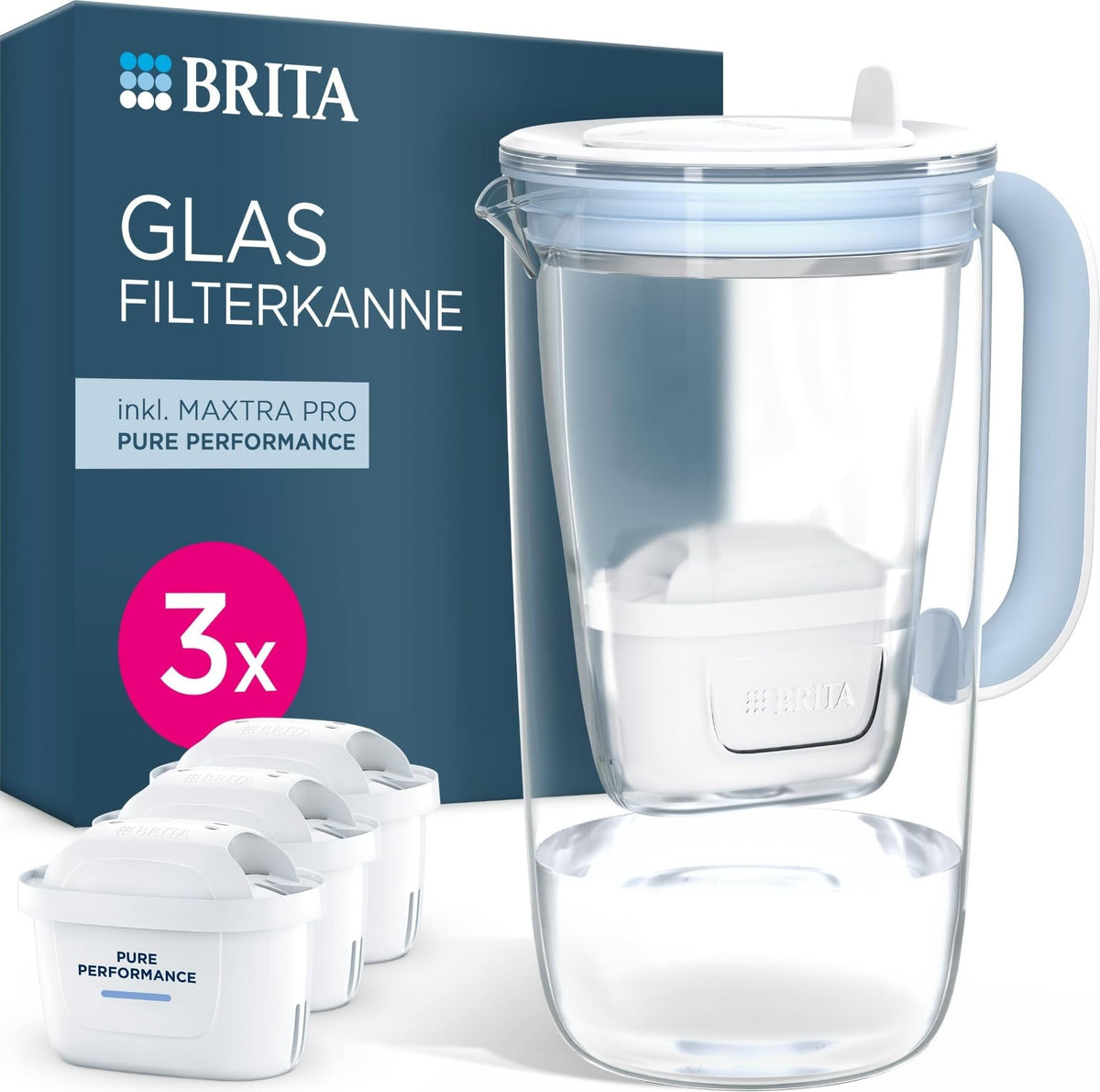 BRITA Filtru de apă Cană Sticlă albastră, 3 MAXTRA PRO Pure Performance Cartuș - 1050453