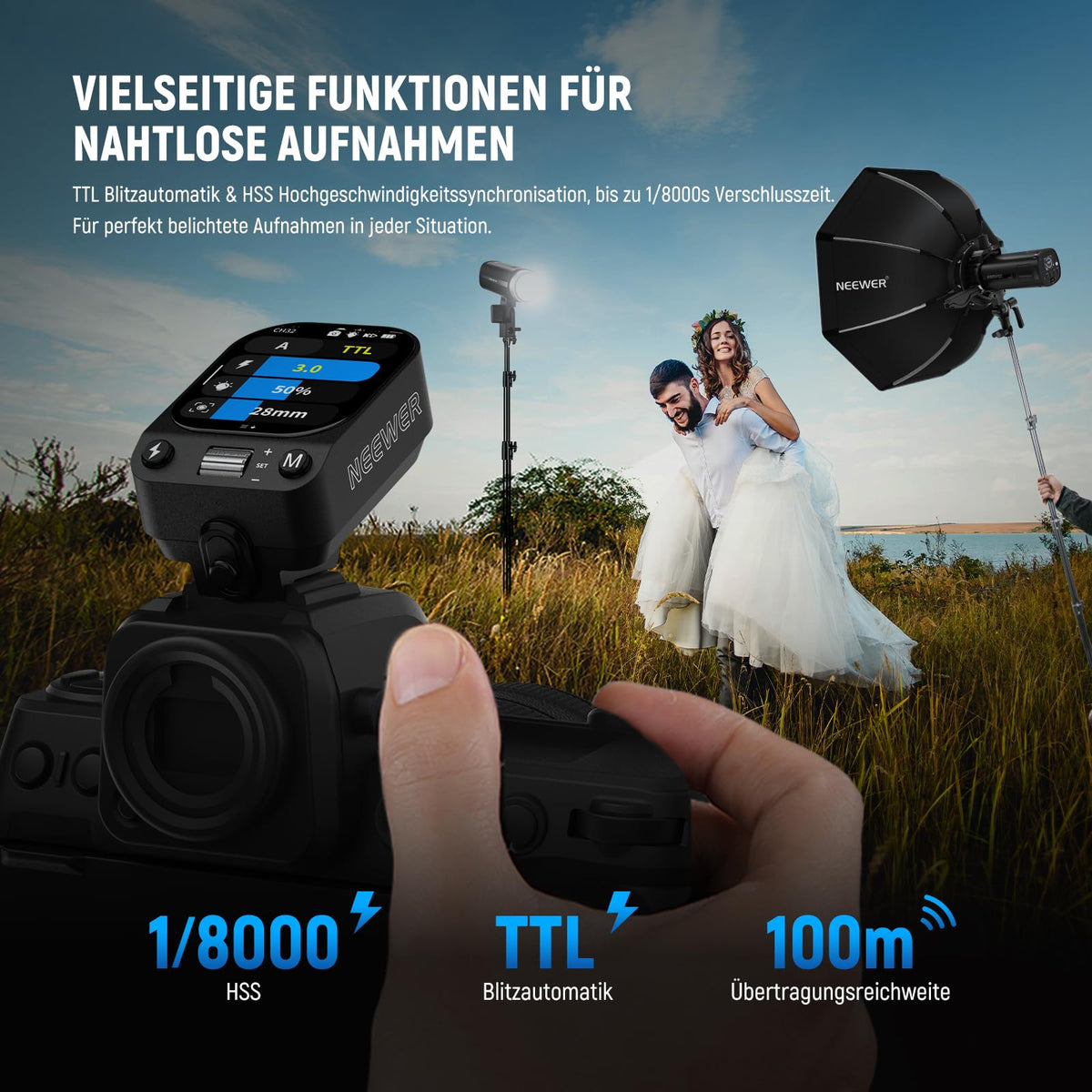 NEEWER QZ-N 2,4G TTL Trigger pentru blitz compatibil cu camerele Nikon Z9, Z8, Z6II, Z7II, Z5, Z50. Godox IT32, V1, V100, AD200 Pro II, cu ecran tactil, 1/8000s HSS, acumulator de 1000mAh și comutator cm.