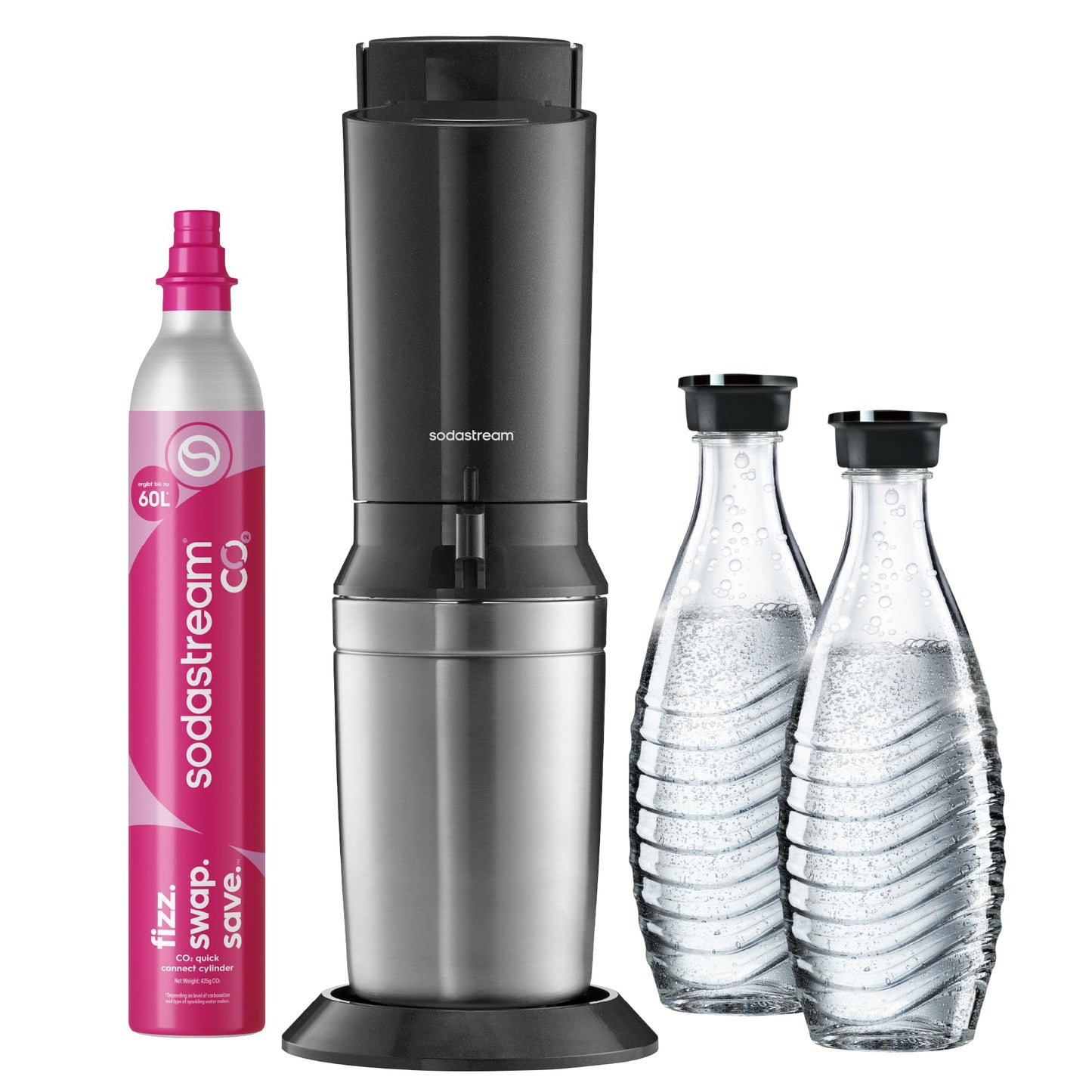 SodaStream Crystal 3.0 Wassersprudler mit Glaskaraffe, Sprudelwasser-Maschine mit Quick-Connect CO2-Zylinder, inkl. 2 spülmaschinenfesten Glaskaraffen je 0,7 L, Grau - 1100462490