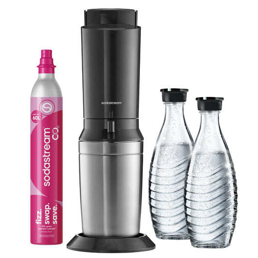 SodaStream Crystal 3.0 Wassersprudler mit Glaskaraffe, Sprudelwasser-Maschine mit Quick-Connect CO2-Zylinder, inkl. 2 spülmaschinenfesten Glaskaraffen je 0,7 L, Grau - 1100462490