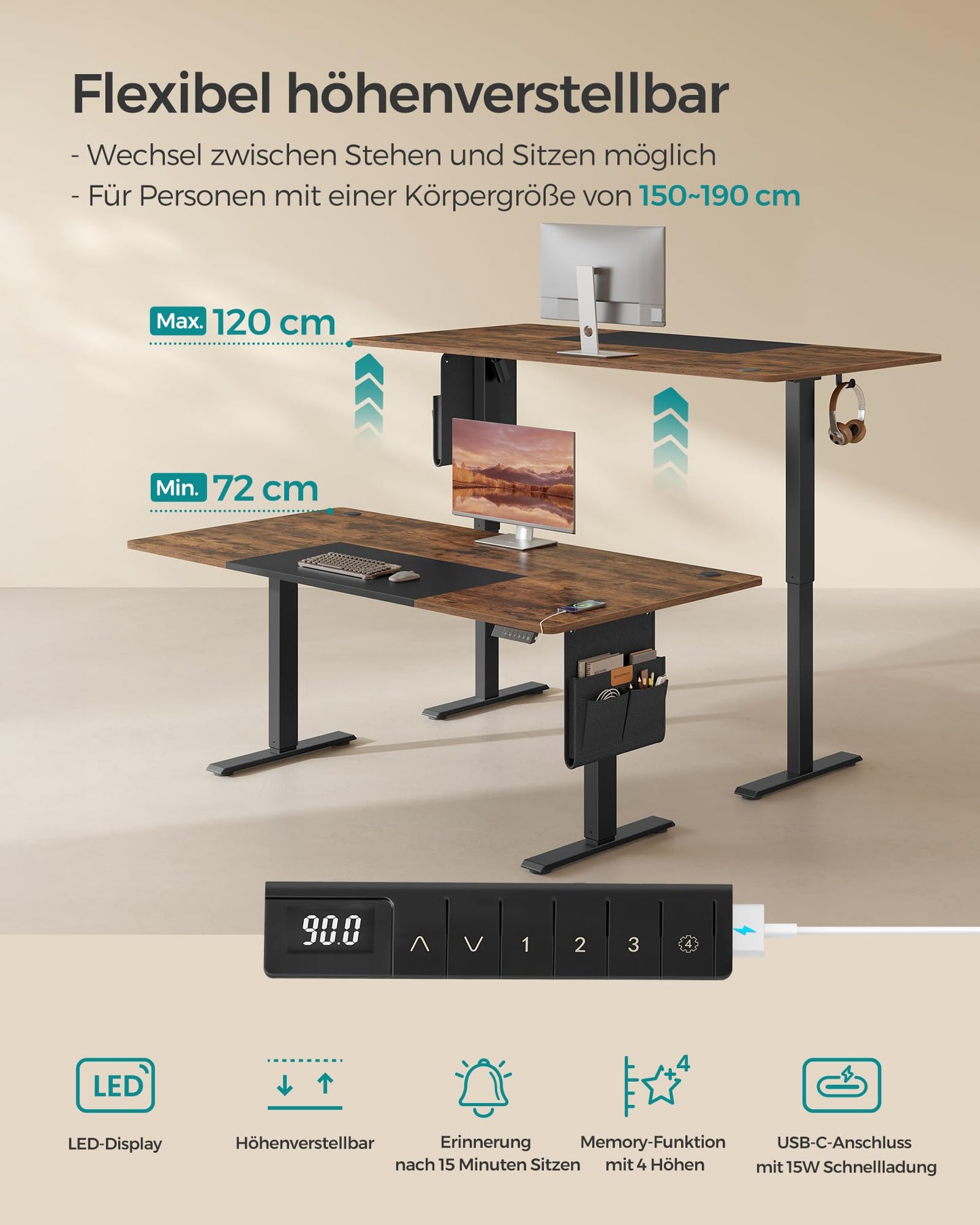 SONGMICS Electric height-adjustable desk, 160 x 70 cm, infinitely adjustable, memory function with 4 heights, vintage brown-matt black LSD026X01