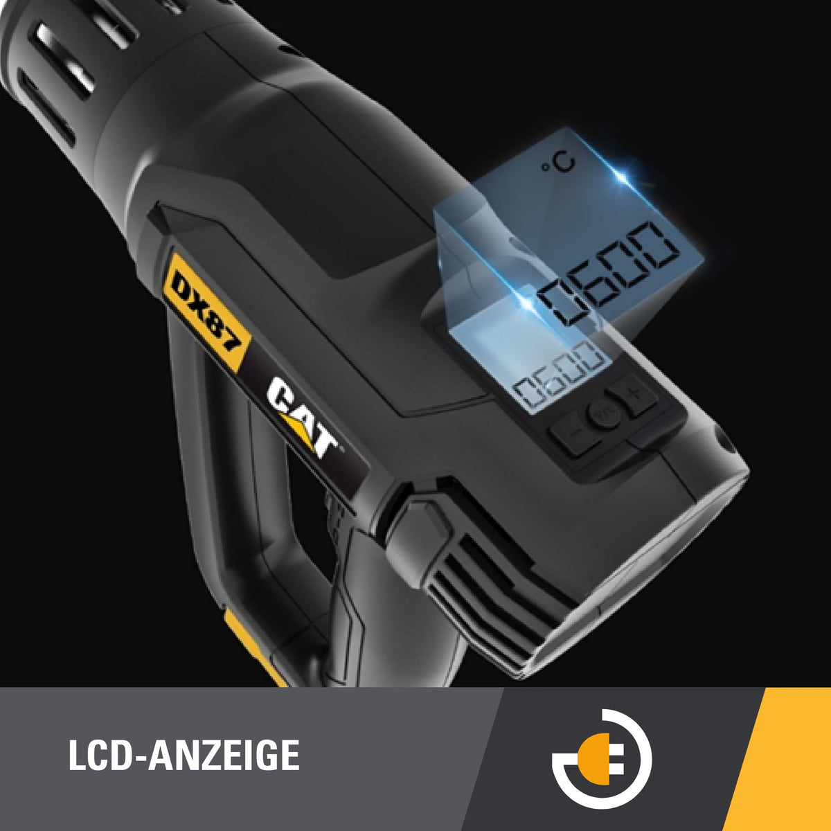 CAT DX87 Hot Air Gun 2000W, with LCD display, stepless temperature adjustment 50–600°C, 2 airflow levels, LED light, includes 5 nozzles & scraper (for professional applications)