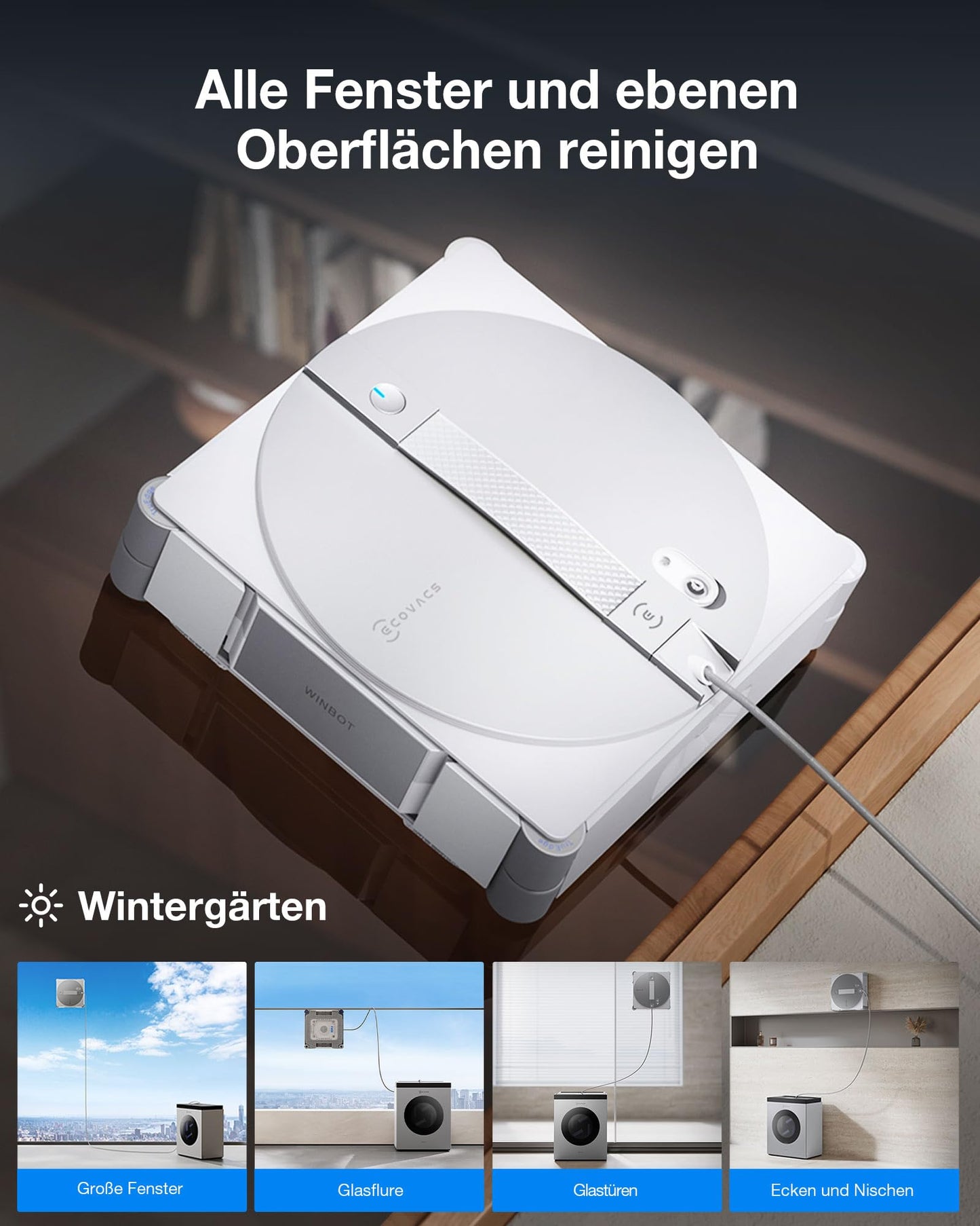 ECOVACS WINBOT W3 OMNI window cleaning robot with multifunctional station, automatic cleaning of the wiping pads, intelligent cleaning along the edges, spraying with three nozzles, app control