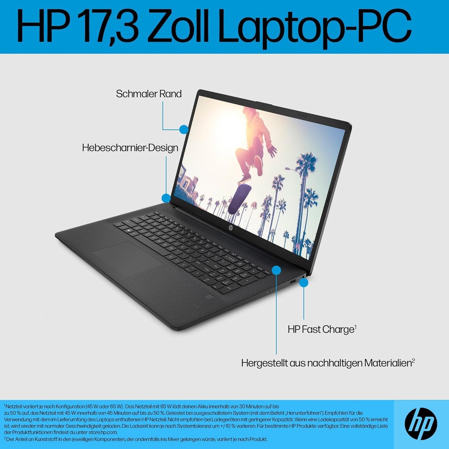 HP laptop with 17.3" HD+ display, Intel Celeron N4120, 8 GB DDR4 RAM, 256 GB SSD, Intel UHD graphics, Windows 11, QWERTZ keyboard, black - BZ8S4EA#ABD