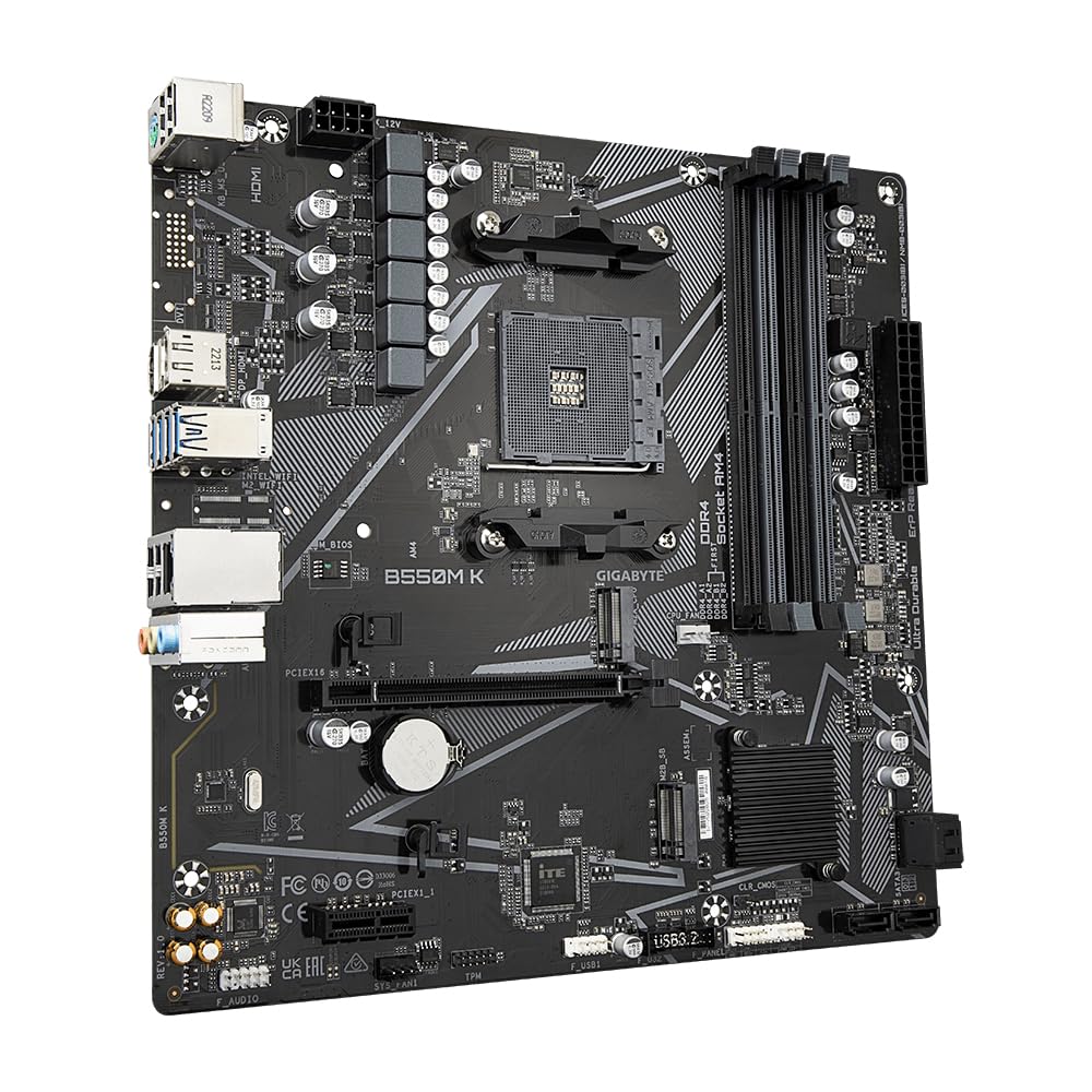 Placa de bază GIGABYTE B550M K – compatibilă cu procesoarele AMD Ryzen 5000, suportă până la 4733 MHz DDR4, 1xPCIe 4.0 + 1xPCIe 3.0 M.2, LAN 1GbE, USB 3.2 Gen 1