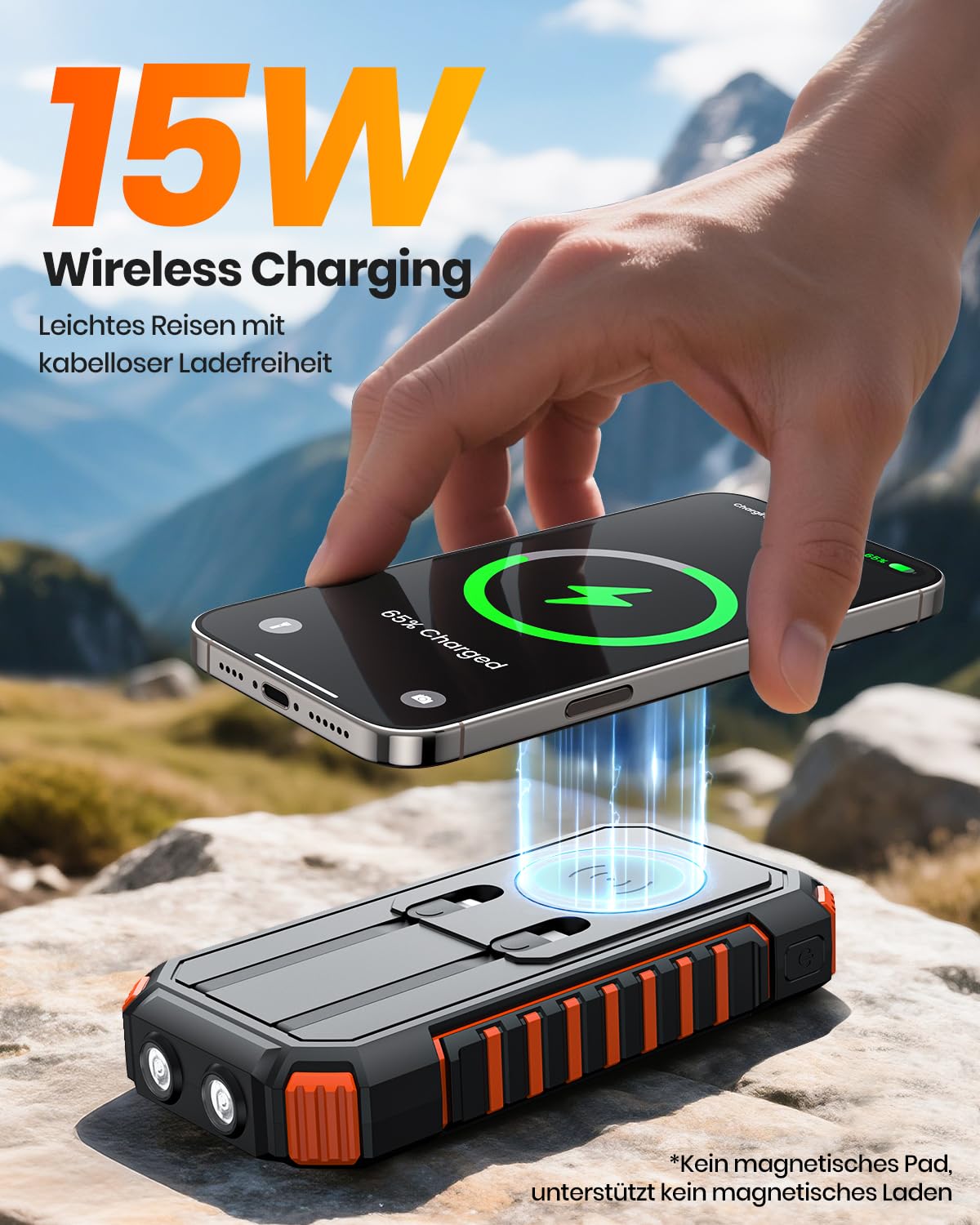 20000mah Wireless Solar Power Bank - A ADDTOP 22.5W Fast Portable Charger with 2 Built-in Cables & 2 Flashlights, External Battery with USB-C LED Flashlights for Cell Phones, Tablets and Camping - T11PWX