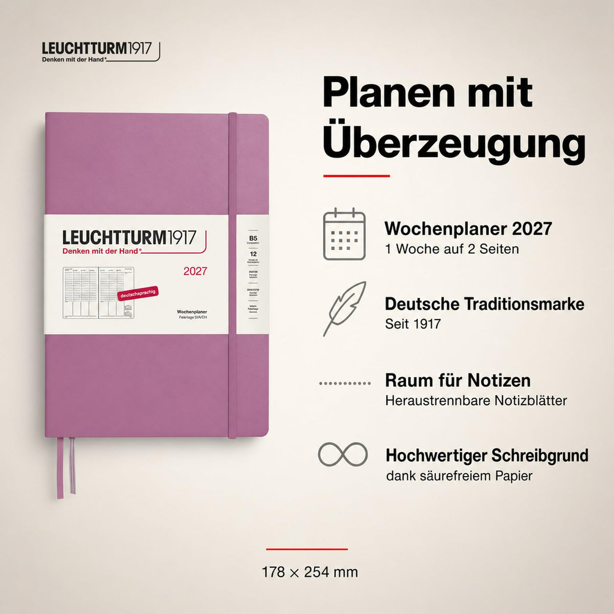 LEUCHTTURM1917 weekly planner 2027 Composition (B5) - German, Dusty Rose, 254 x 178 mm, January-December (12 months), weekly overview with hourly grid 7:00-22:00 per column, hardcover, 80 g/m² paper - 400142