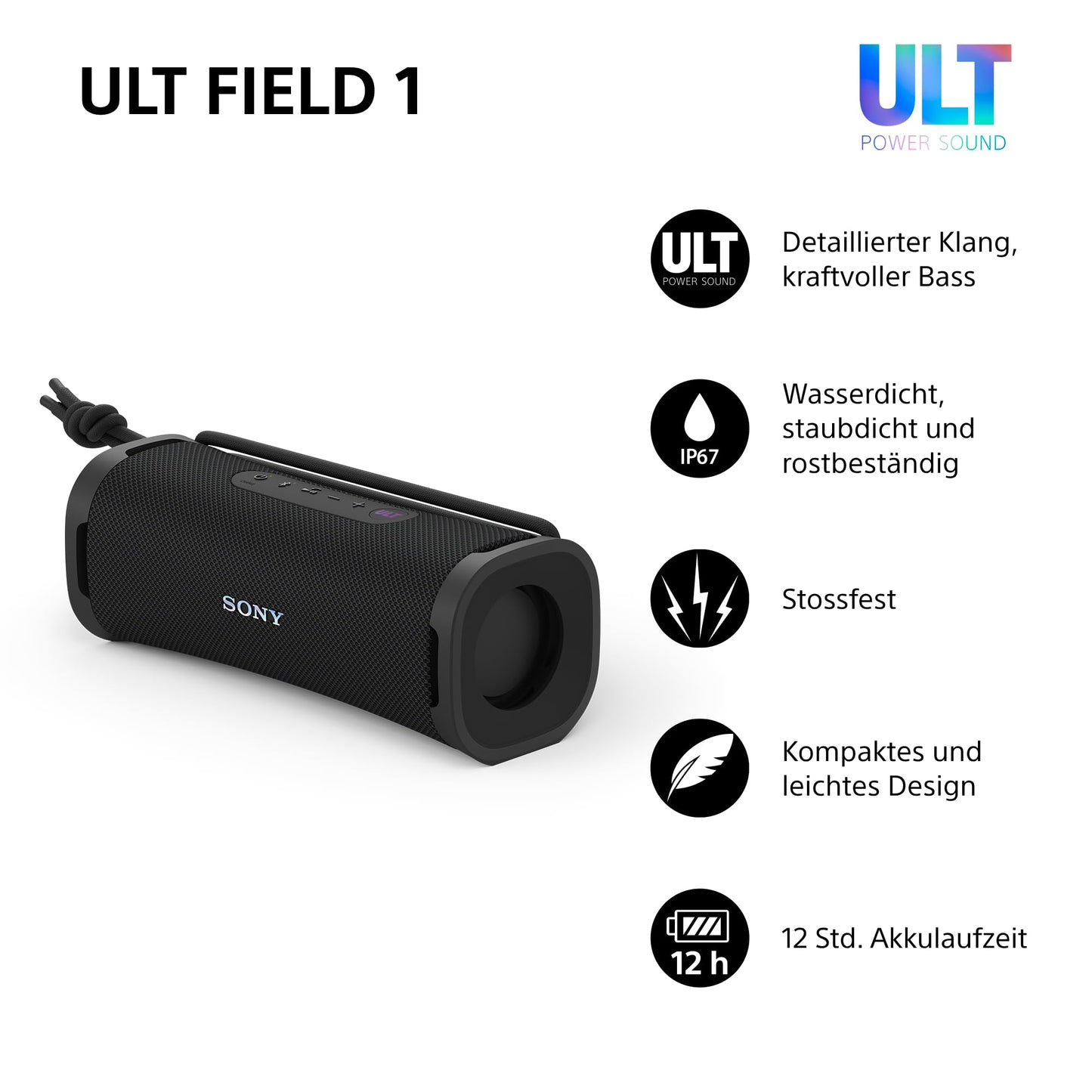 Sony ULT Field 1 - Wireless portable Bluetooth speaker with ULT Power Sound, powerful bass, IP67, waterproof, dustproof, shockproof, 12h battery, clear call quality, outdoor black - SRSULT10B.CE7