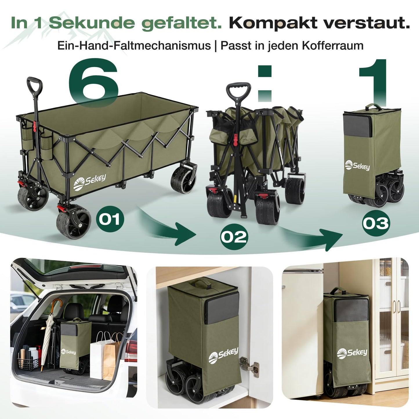 Sekey XXXL Handcart Foldable 300L 200KG Heavy Duty, Extended Folding Handcart with Extra Width 17x10 cm All-Terrain Wheels Handcart, Patented 4-Way Instant Assembly Transport Cart, Olive Green - 4013