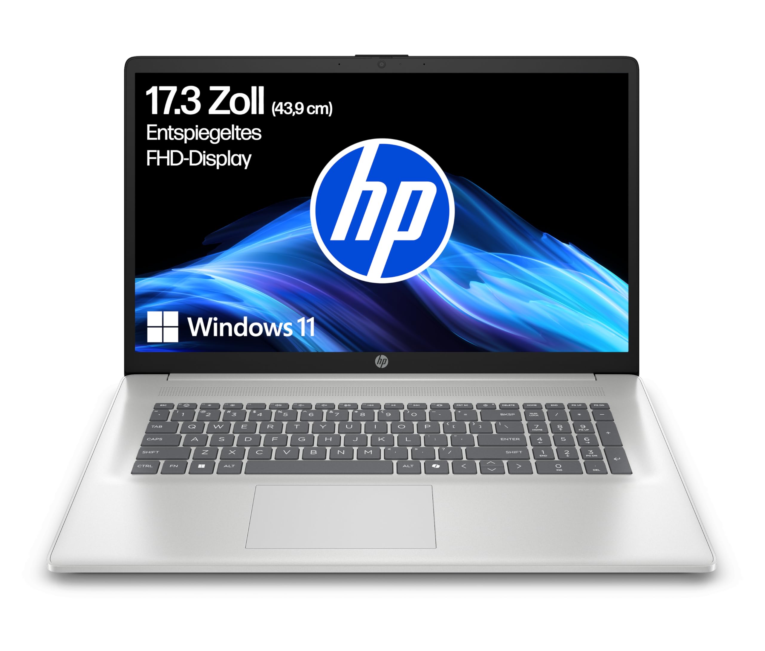HP laptop with 17.3" FHD display, Intel Core i7-1355U, 16 GB DDR4 RAM, 1 TB SSD, Intel Iris graphics, Windows 11, QWERTZ, silver incl. 25 GB Dropbox storage for 12 months - BZ8R5EA#ABD