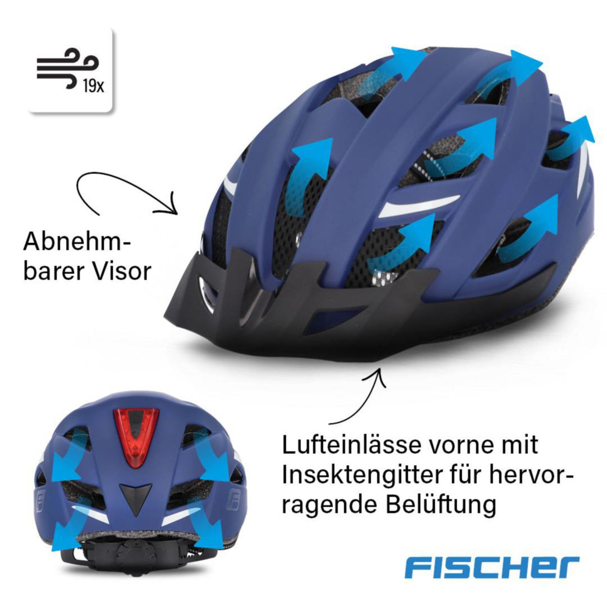 Cască de bicicletă Fischer pentru adulți, cască de ciclism, cască de oraș Urban Plus Boston, L/XL, 58-61cm, albastru, cu lumină spate LED integrată - 50632