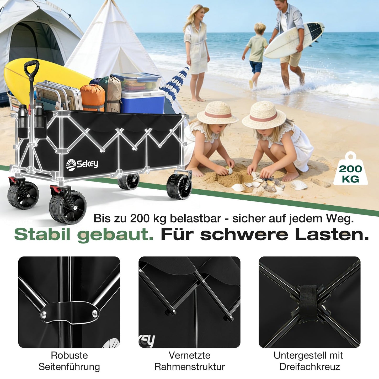 Sekey XXXL Handcart Foldable 300L 200KG Heavy Duty, Extended Folding Handcart with Extra Width 17x10 cm All-Terrain Wheels Handcart, Patented 4-Way Instant Assembly Transport Cart, Black - 4013