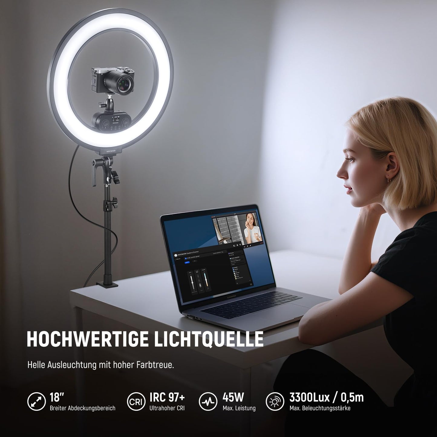 NEEWER RL45B 18" Ring Light Desk Edge Lit Ring Light for Cell Phone, Camera, Laptop, LED Lighting Set, Phone Holder, Table Stand, Ball Head Mount, Webcam, Zoom Call, Streaming, Selfie - B0DMNP38V6