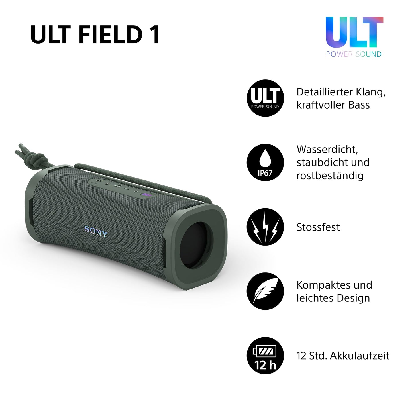 Sony ULT Field 1 - Wireless portable Bluetooth speaker with ULT Power Sound, powerful bass, IP67, waterproof, dustproof, shockproof, 12h battery, clear call quality, outdoor - Forest Gray - SRSULT10H.CE7