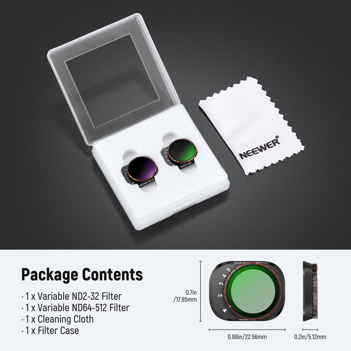 NEEWER Variable ND filter set, compatible with DJI Mini 4 Pro, ND2-32 (1-5 Stop) + ND64-512 (6-9 Stop), gray filter, multi-coated HD optical glass, drone camera lens accessories, aerial photography - FL-C10