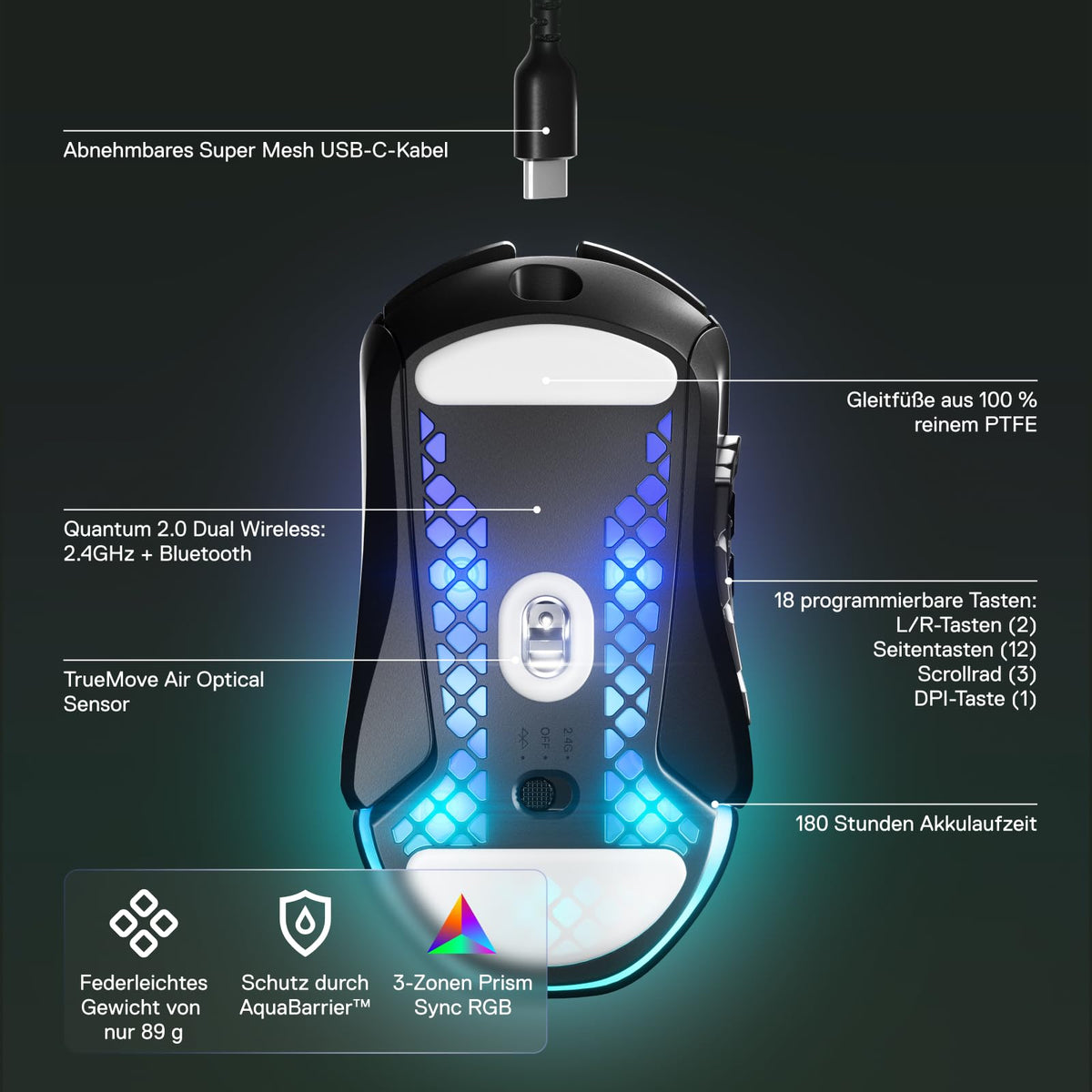 SteelSeries Aerox 9 Wireless - Mouse de gaming RGB cu deschideri în suprafață - Design ultra-ușor, rezistent la apă - 18 butoane - Bluetooth/2,4 GHz - Senzor optic TrueMove Air cu 18.000 DPI - 62618