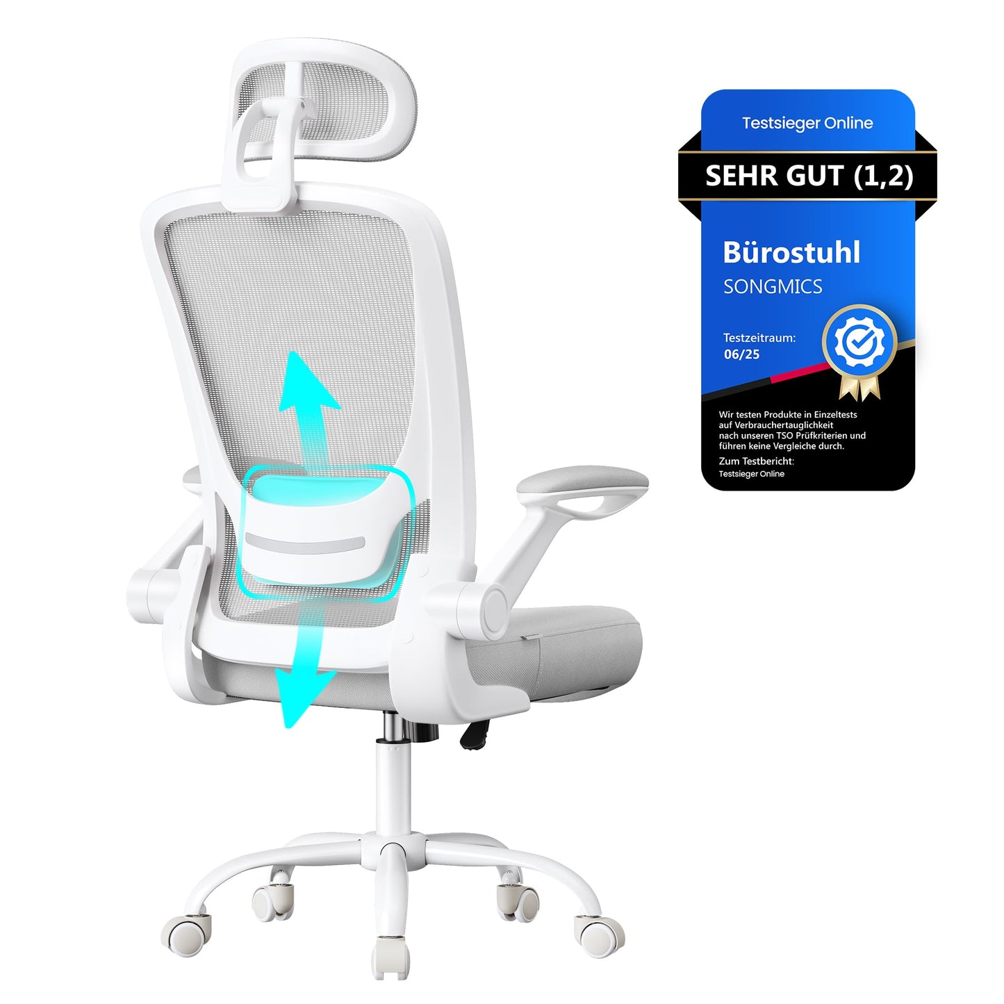 SONGMICS ergonomic office chair, swivel chair with mesh, lumbar and headrest, rocker function, 53 cm seat, folding armrests, study and bedroom, students, dove gray OBN047G01 - OBN047G02