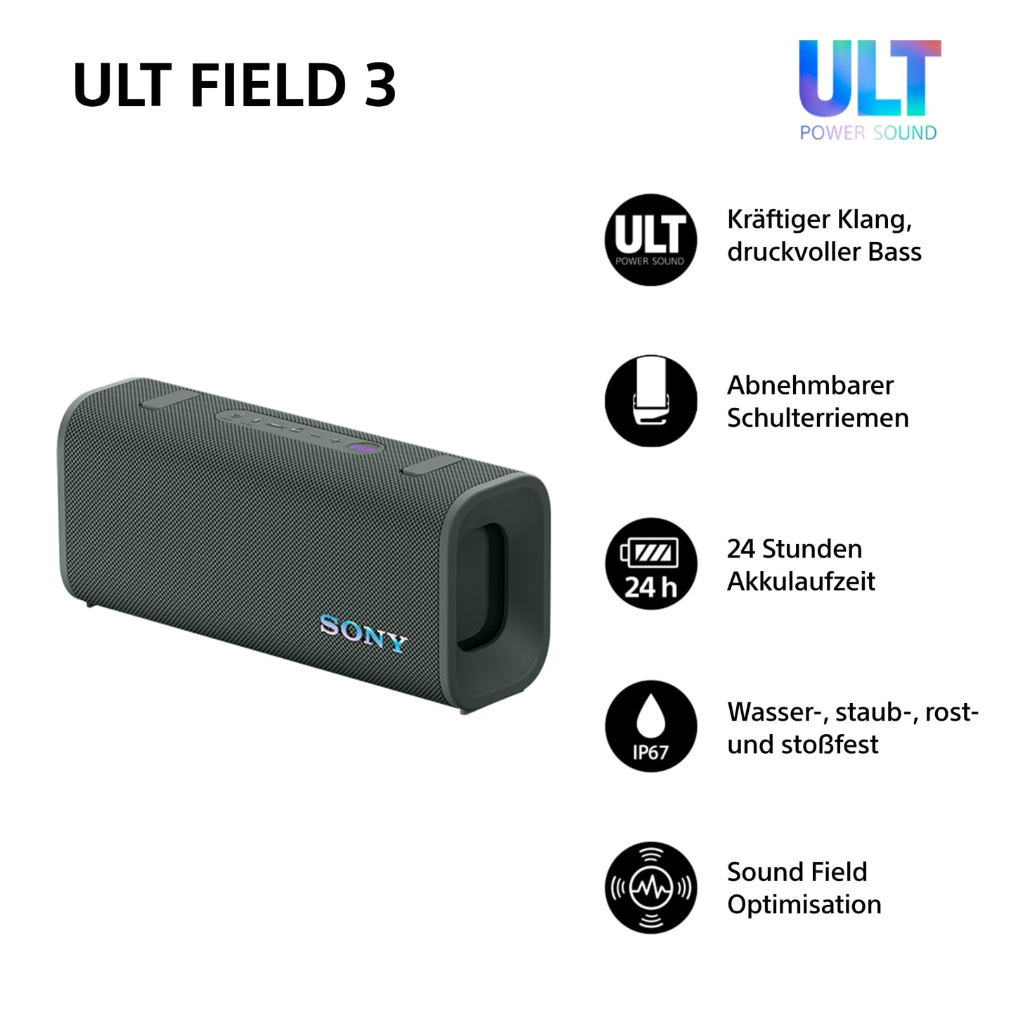 Sony ULT Field 3 - Portable Bluetooth Speaker with ULT Power Sound, 24 Hour Battery, IP67, Waterproof, Dustproof, Shockproof, Detachable Shoulder Strap, Compact - Forest Gray - SRSULT30H.CE7