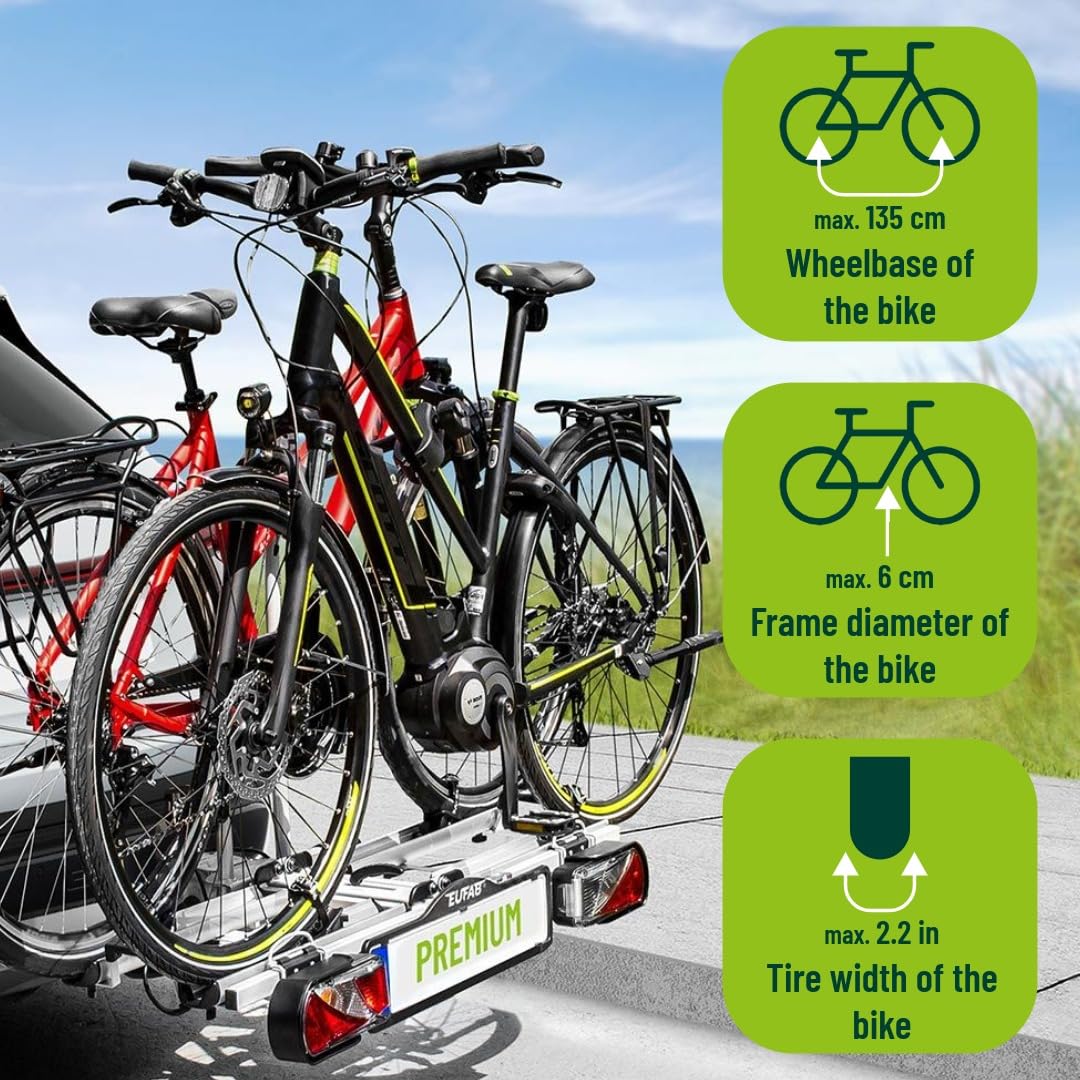 EUFAB 12011LAS PREMIUM bicycle carrier, suitable for e-bikes, completely pre-assembled, anti-theft protection, for 2 bicycles, for trailer hitch, black, gray