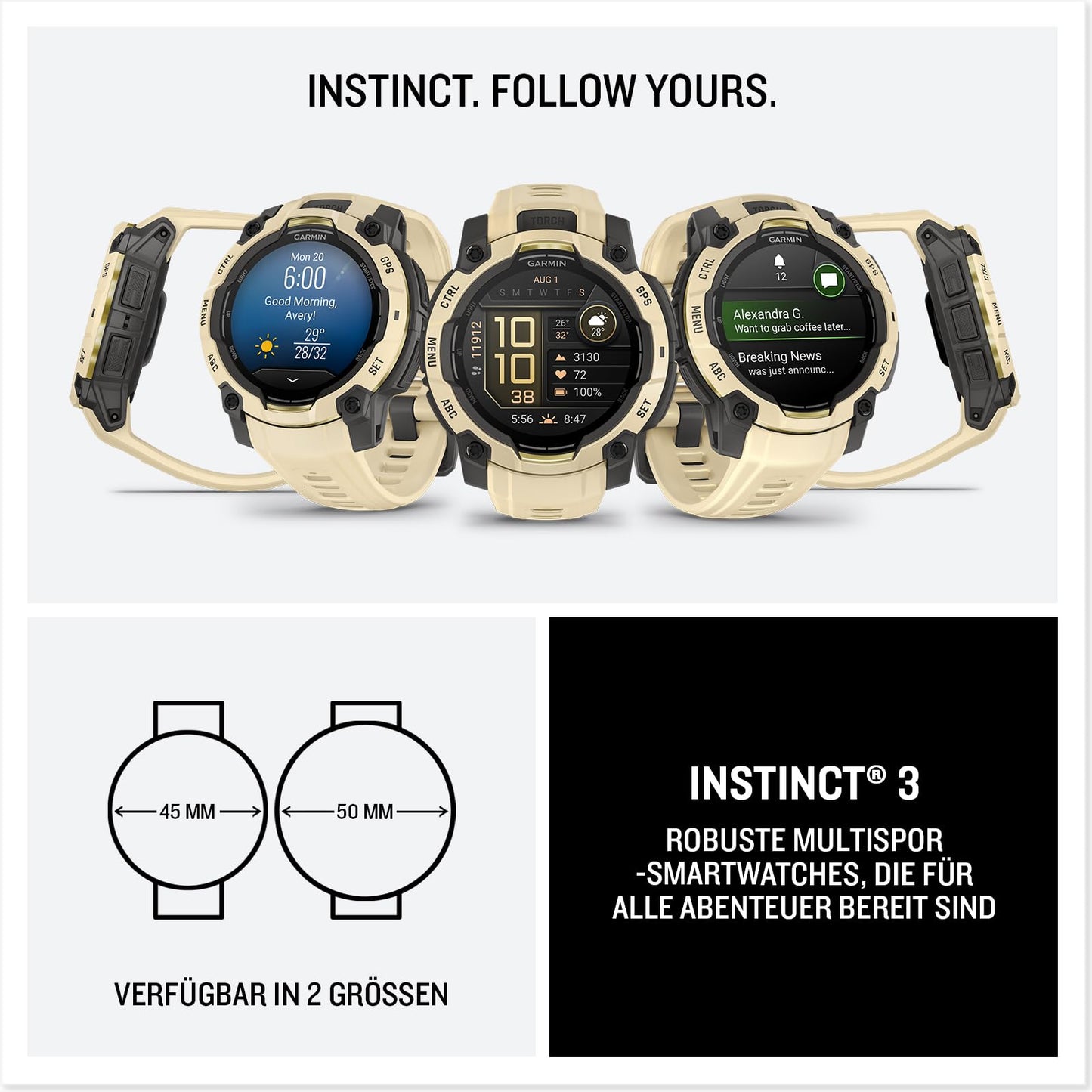 Garmin Instinct 3 45mm AMOLED – multisport smartwatch, 1.2" display, up to 18 days battery life, 80+ sports apps, navigation function, smart features, LED flashlight, waterproof - 010-02936-02