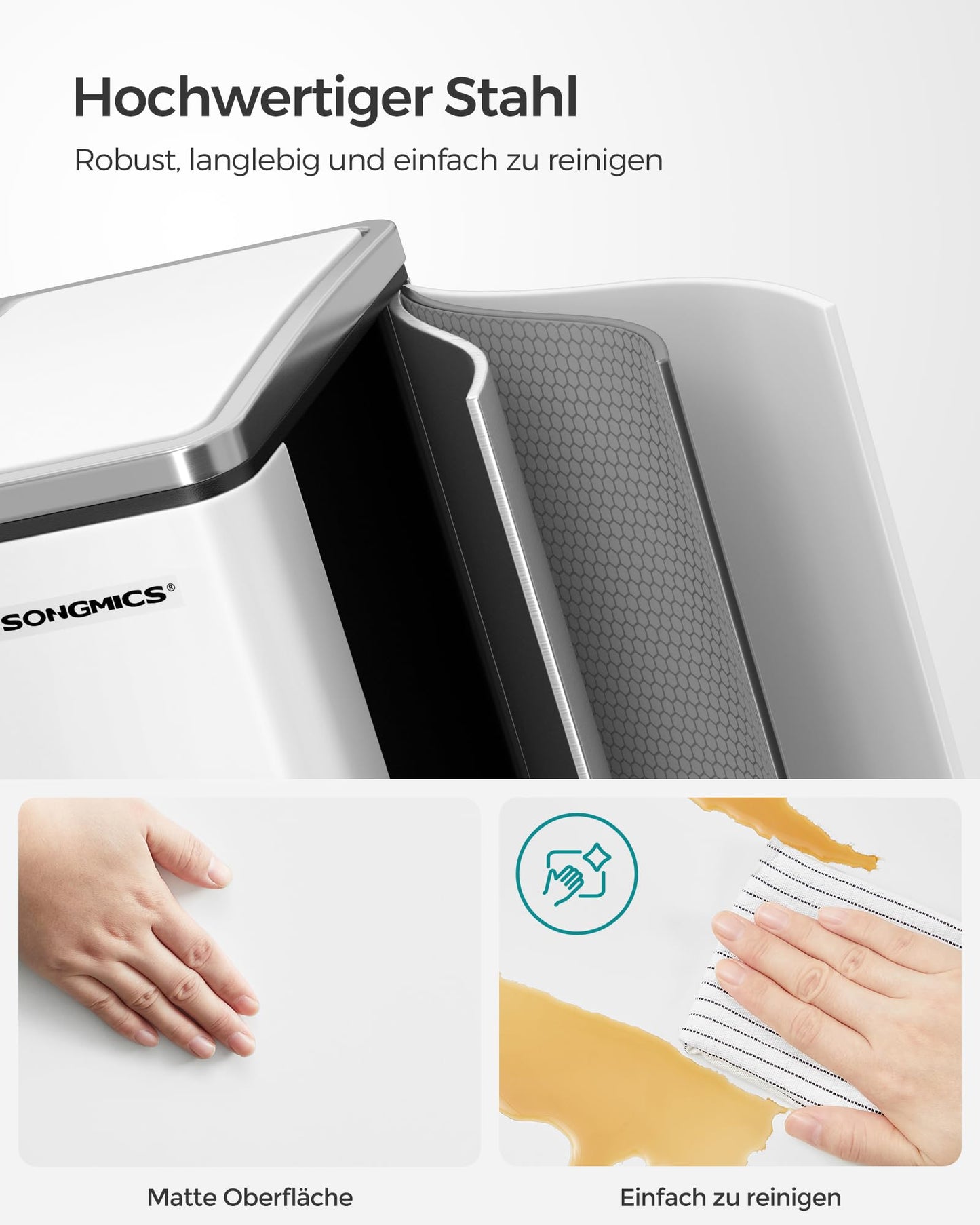 SONGMICS kitchen trash can, 2 x 15 liters, waste separation system 2 compartments, including 15 trash bags, trash can, pedal bin, recyclable waste, organic waste, soft close lid, cloud white LTB30WT