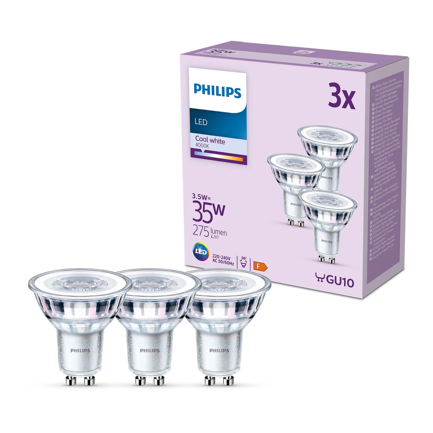 Philips Classic LED GU10 lamp, 35W, clear, neutral white, not dimmable, pack of 3, cool white - 929001218093