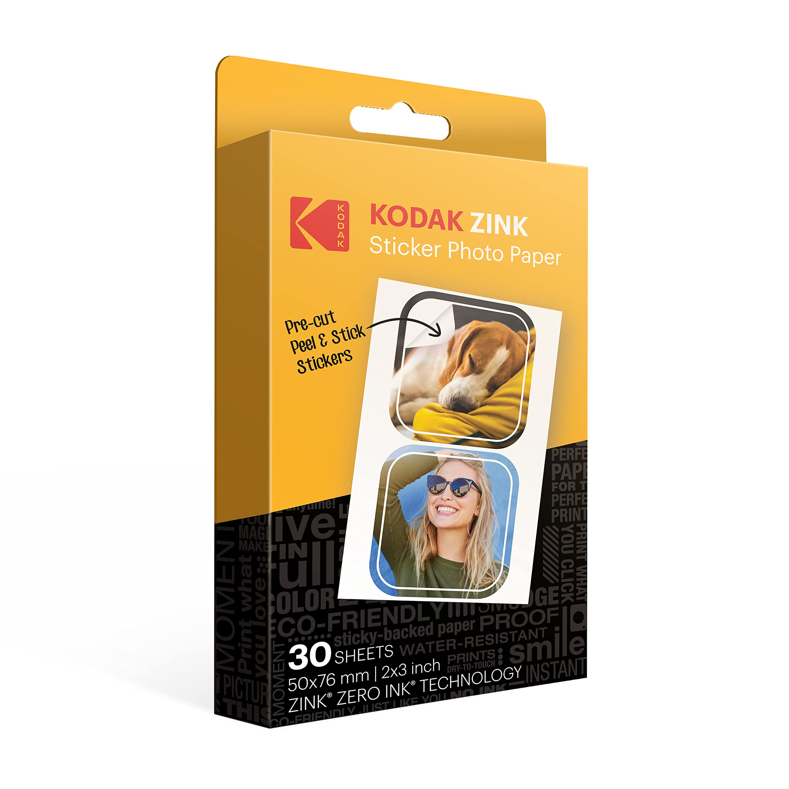 Kodak 2" x 3" Premium Zinc Pre-Cut Sticker Photo Paper (30 Sheets) Compatible with Kodak Step Printer, White, RODZ2X330C