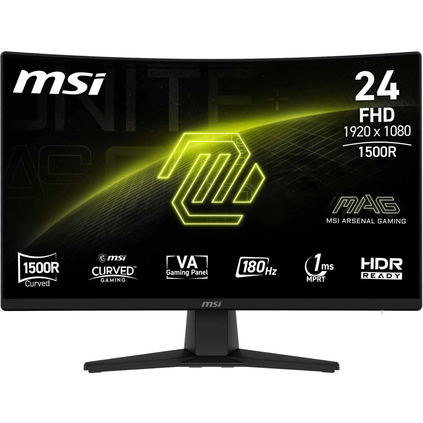 MSI MAG 242CA 24" FHD Gaming Monitor with 1500R Curvature, 1920 x 1080 VA, 180 Hz, 1 ms, HDR Ready, Eye Care, HDMI 2.0b, DP 1.2a, Frameless, Tilt Adjustable, VESA Mount, Black - 4711377389501