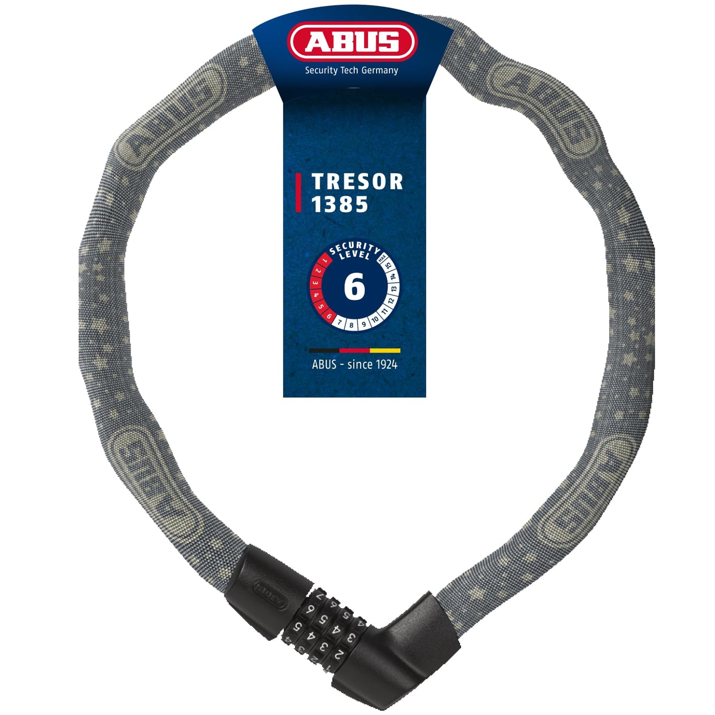 ABUS chain lock Tresor 1385/75 Gray Star - combination lock made of hardened steel - 6 mm thick square chain - ABUS security level 6 - 75 cm - gray - 88010