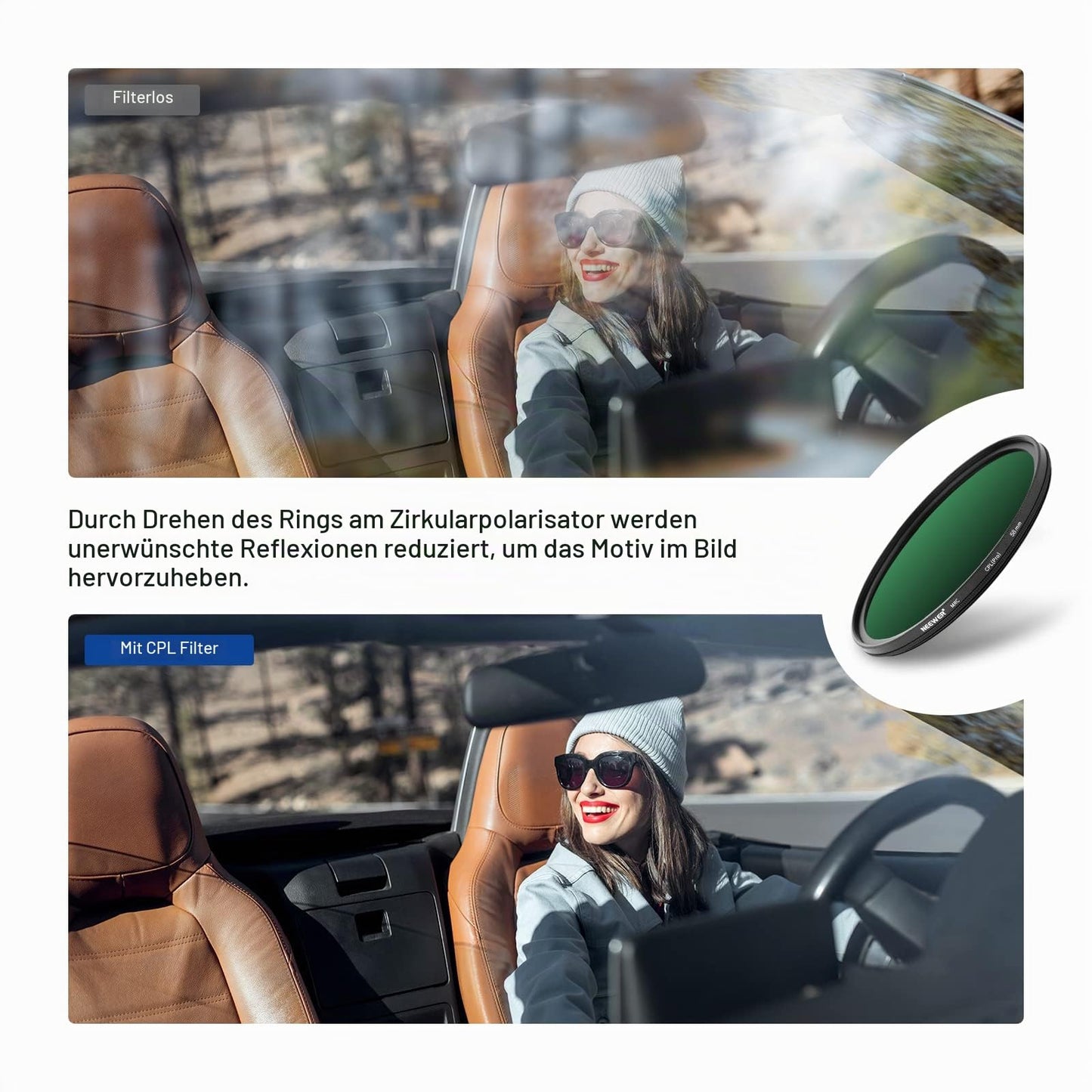 NEEWER 58 mm polarization filter (polarizing filter), CPL filter with 30-layer multi-layer polarizing film, reduce glare/improve contrast/ultra thin/reduce reflection/HD optical glass - NW