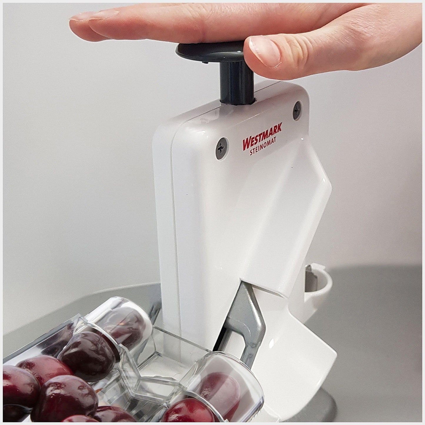 Westmark double cherry stoner and plum stoner, combination stoner, extra fast: for 2 cherries at once, height: 32.5 cm, plastic/stainless steel/aluminium, Steinomat, white/silver, 40602260