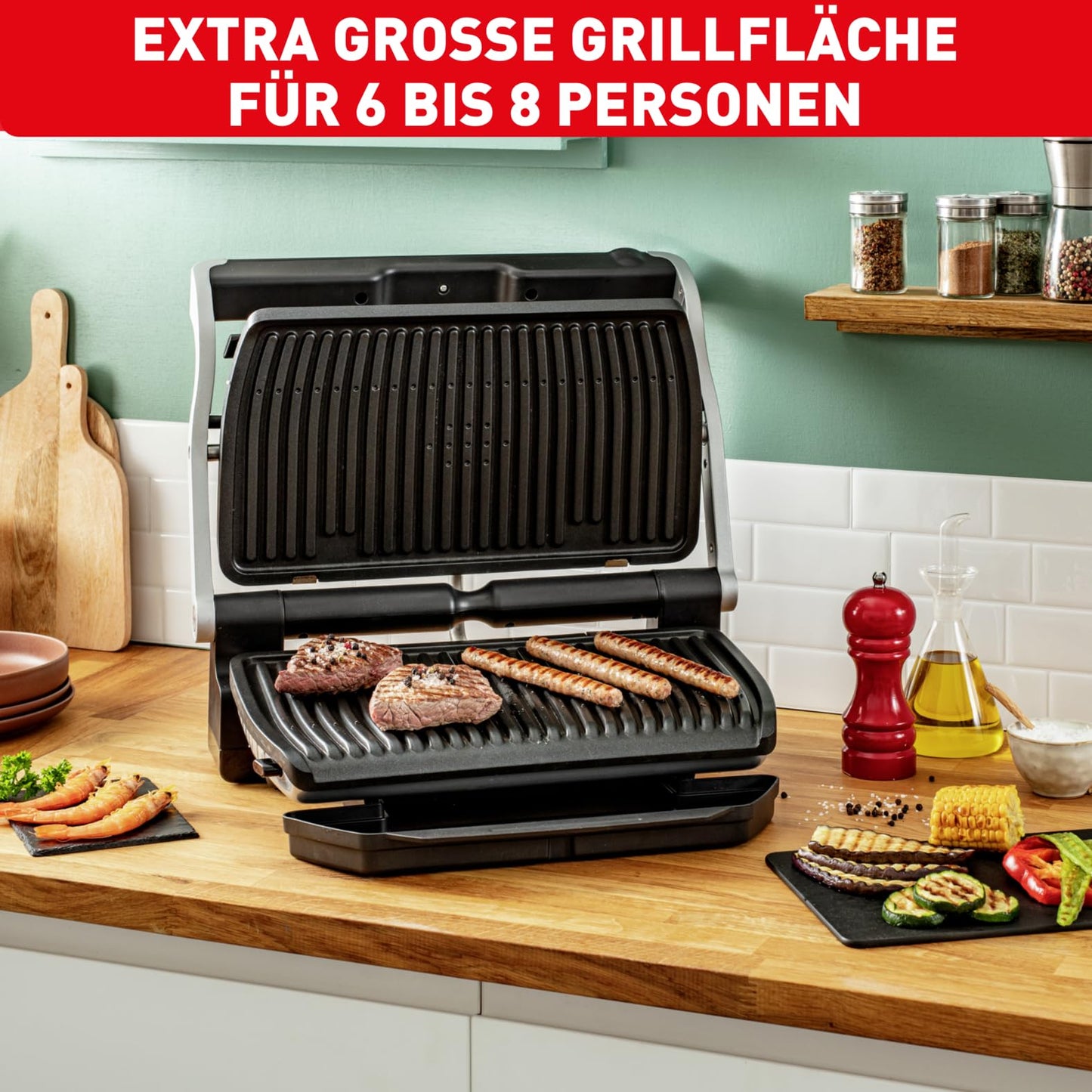 Tefal OptiGrill+ XL contact grill, 9 programs, manual mode, 200 W, cooking level display, thickness measurement, removable XL plates, electric grill, stainless steel, GC722D16