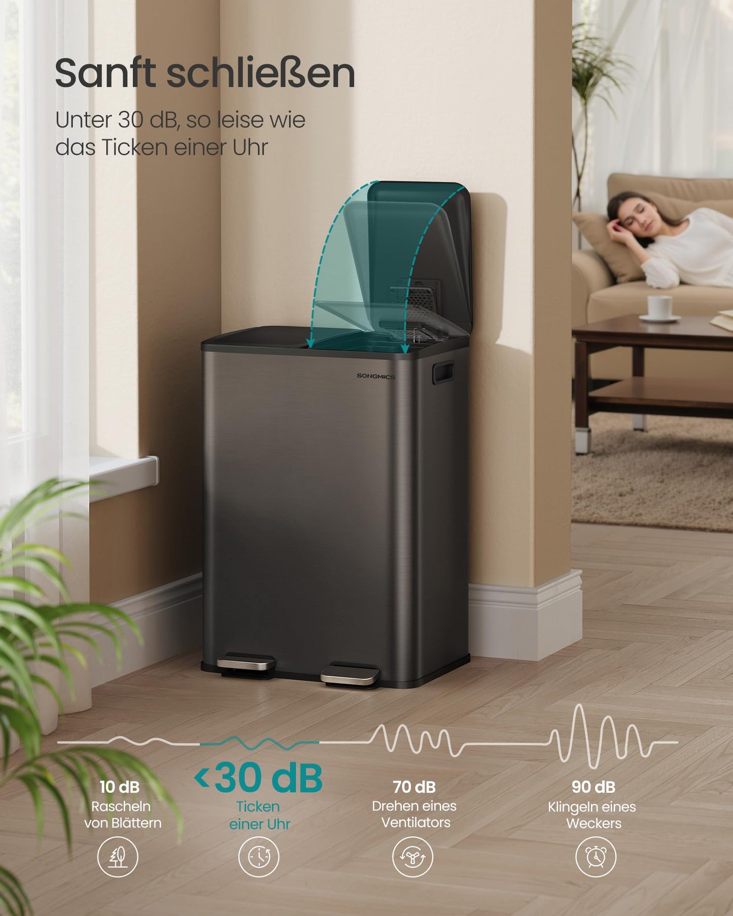 SONGMICS kitchen trash can, 2 x 30 liters, 2 compartments, trash can, pedal trash can, kitchen trash can with soft-close lid and inner bucket, stainless steel, including 15 trash bags, slate gray LTB741G01