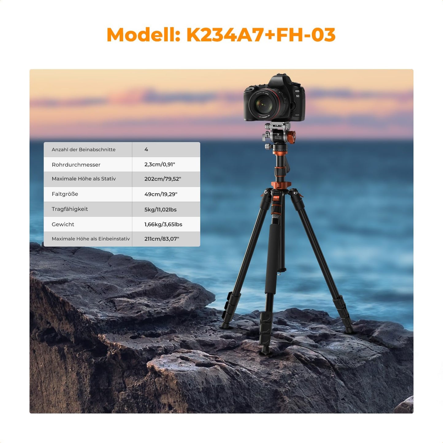 K&F CONCEPT black-orange video tripod video tripod with fluid head, 200cm tripod for on the go, with removable monopod, aluminum travel tripod K234A7+FH-03