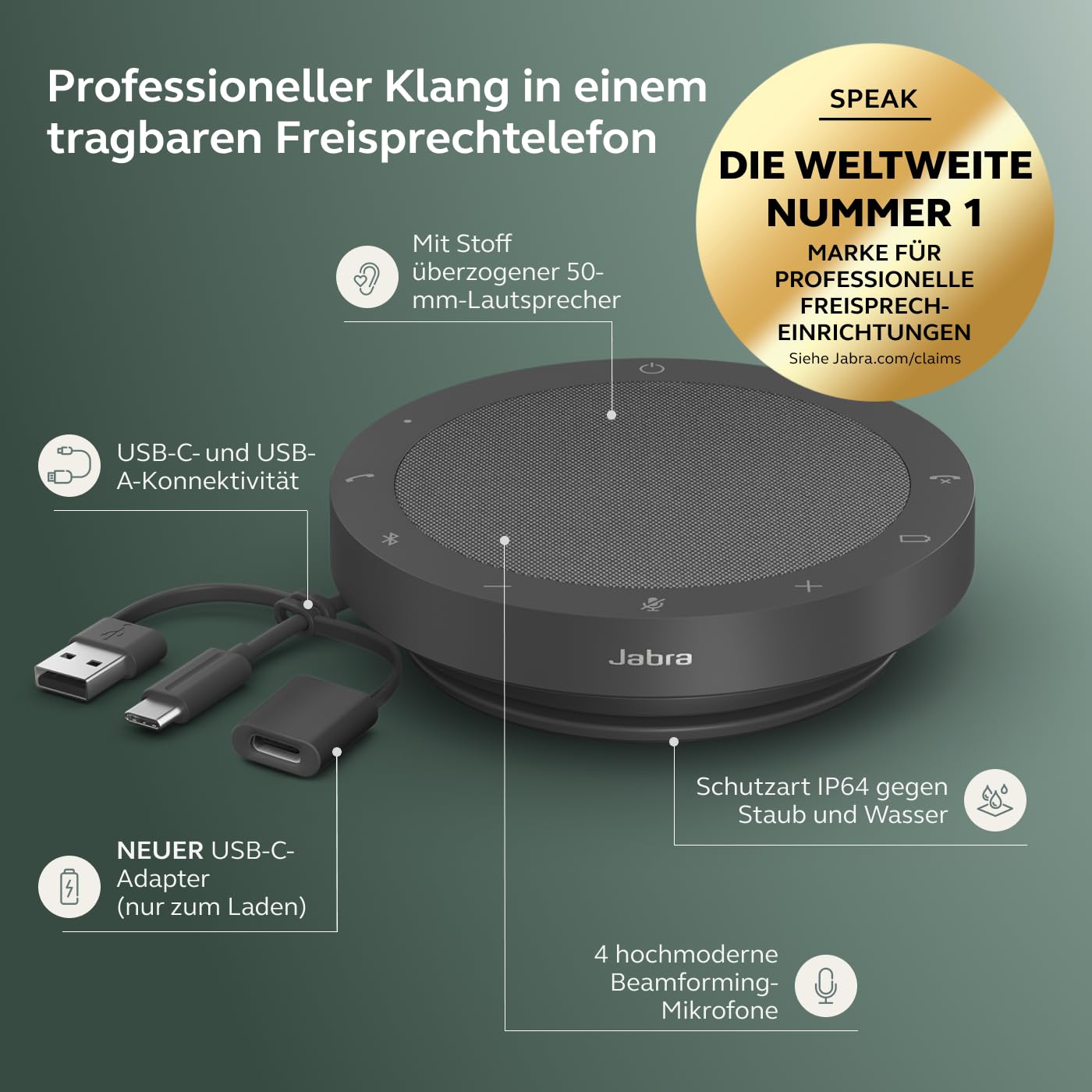 Jabra Speak2 55 Bluetooth Handsfree Solution, 4 Noise Canceling Microphones, 50mm Full Range Speaker, Wide Range Audio, Compact, Portable - Zoom and Google Meet Certified, Dark Gray - 2755-209