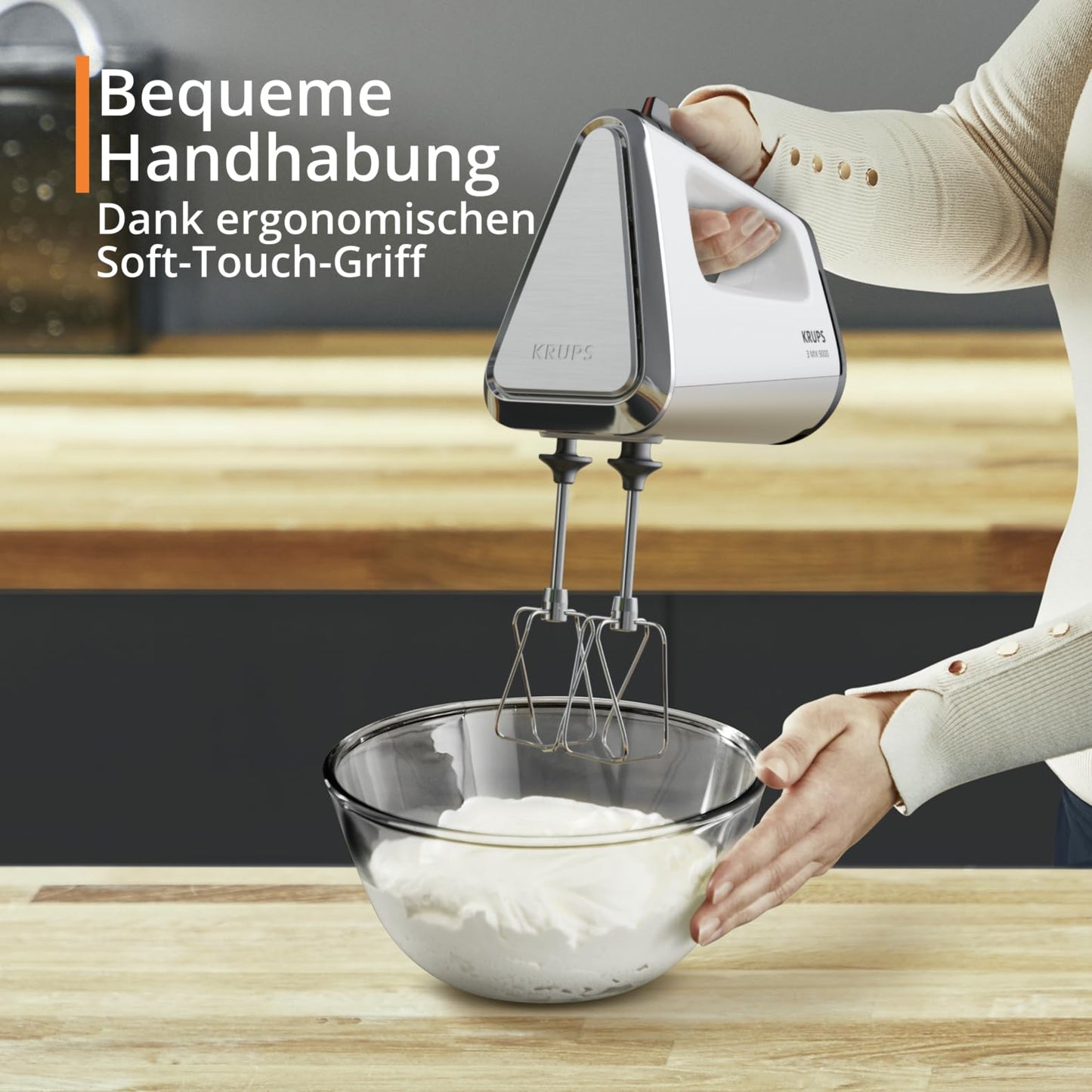 Krups 3 Mix 9000 hand mixer, 750 watts, speed control, turbo mode, ergonomic handle, hand mixer incl. whisk, dough hook, blender attachment, measuring cup, white/silver, GN9121