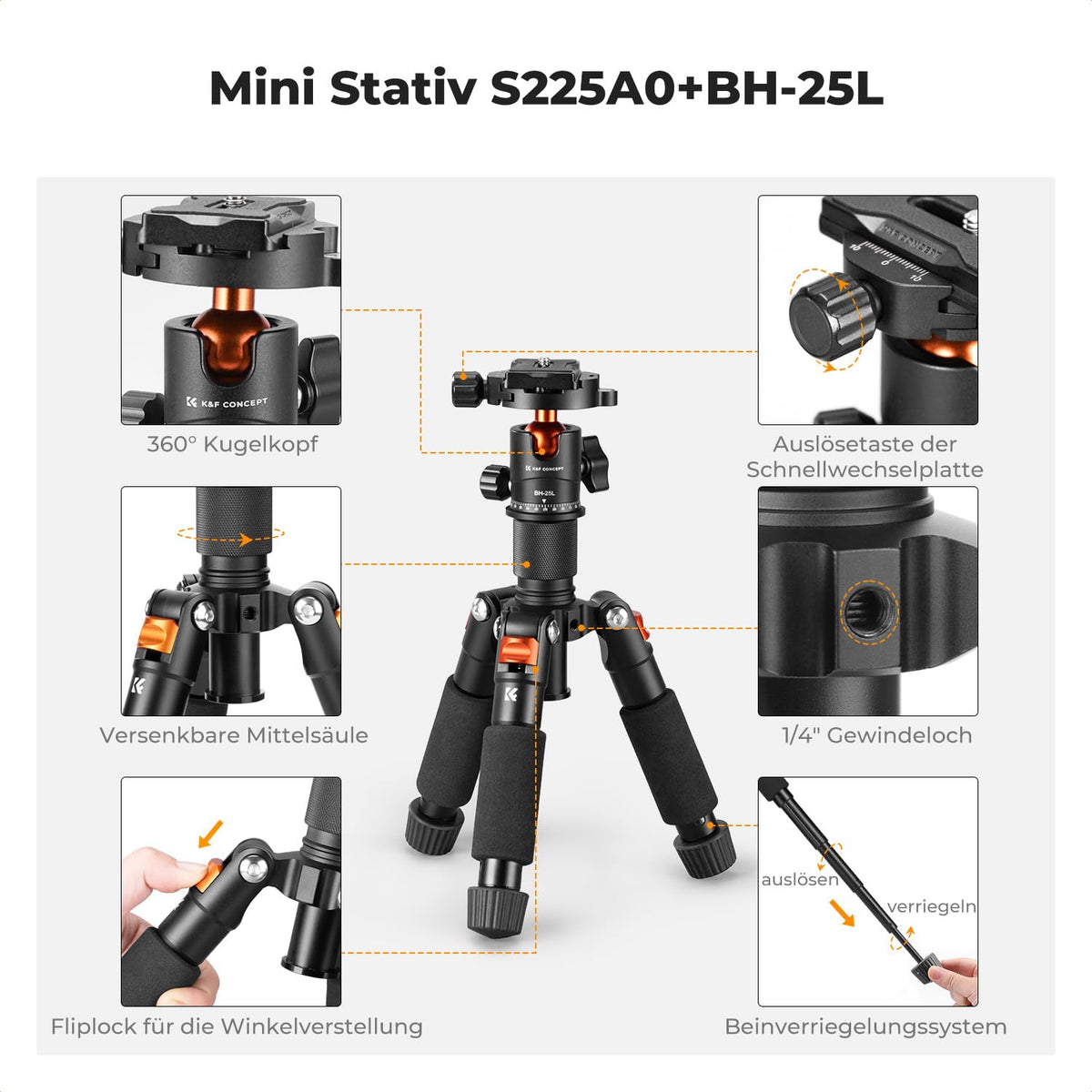 K&F CONCEPT Mini trepied, trepied pentru cameră de birou de 52 cm - S225A1+BH-25