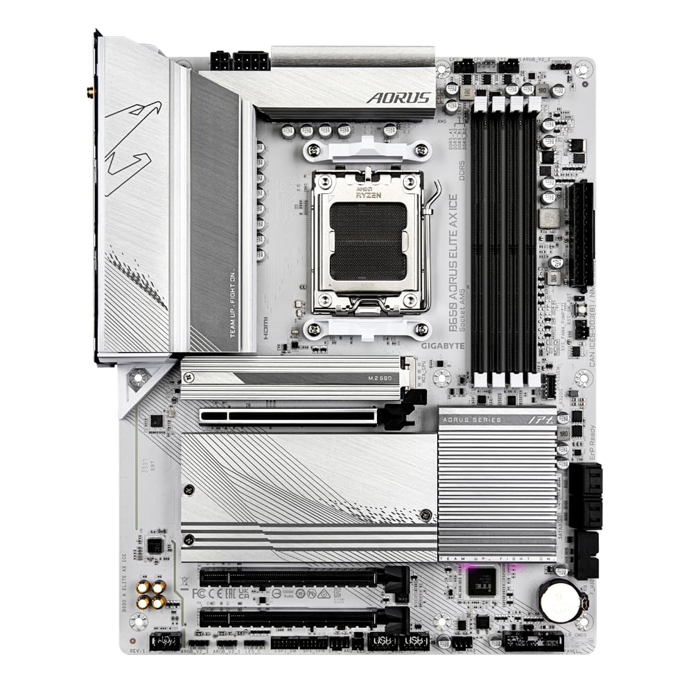 Placa de bază GIGABYTE B650 AORUS ELITE AX ICE – Suportă procesoare AMD Ryzen 9000, VRM digital cu 12+2+2 faze, până la 8000 MHz DDR5 (OC), 1xPCIe 5.0 + 2xPCIe 4.0 M.2, Wi-Fi 6E, LAN 2.5GbE, USB 3.2 Gen 2x2