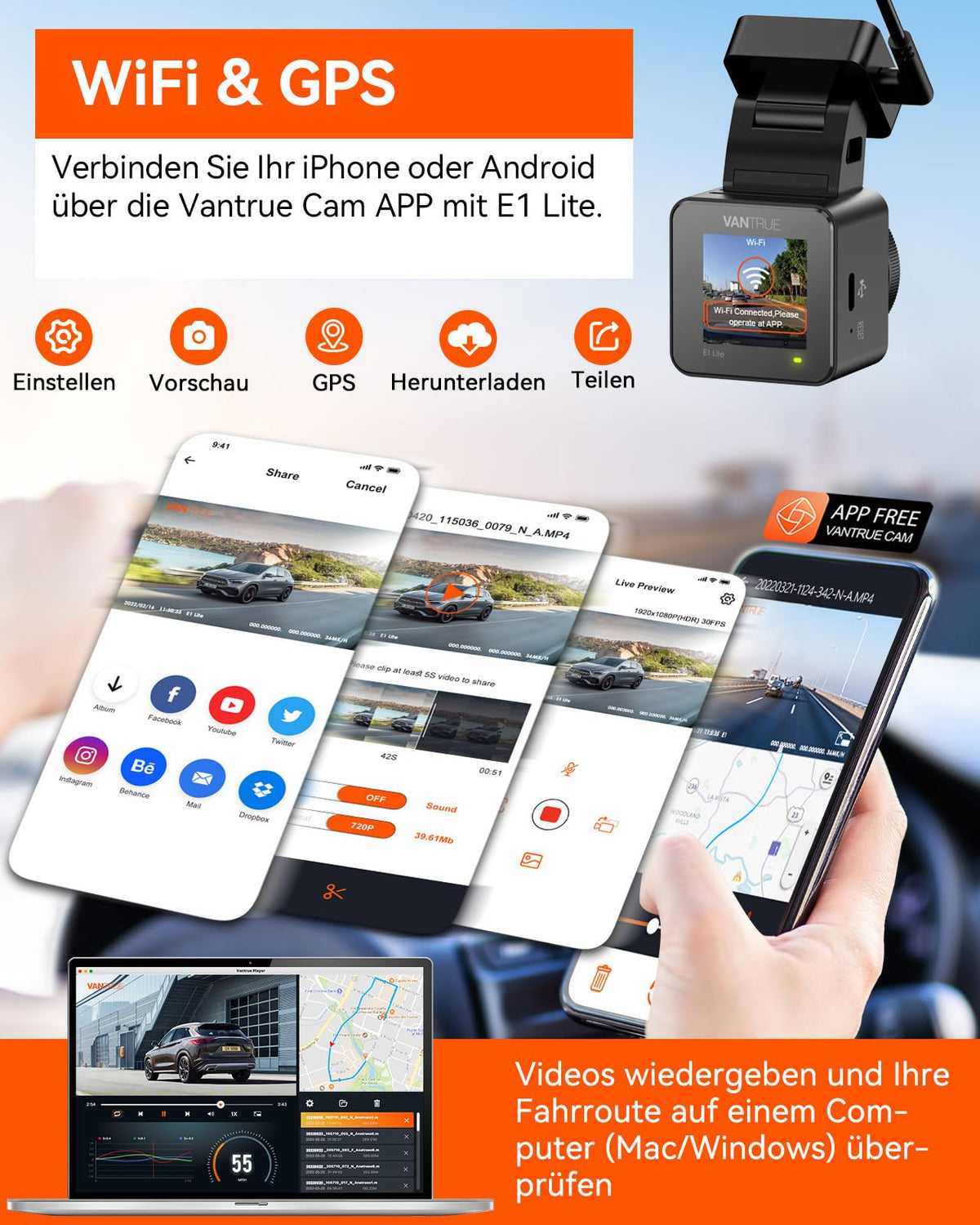 VANTRUE E1 lite 1080P Mini Dashcam Front, HDR 30fps 160 ° Wide Angle