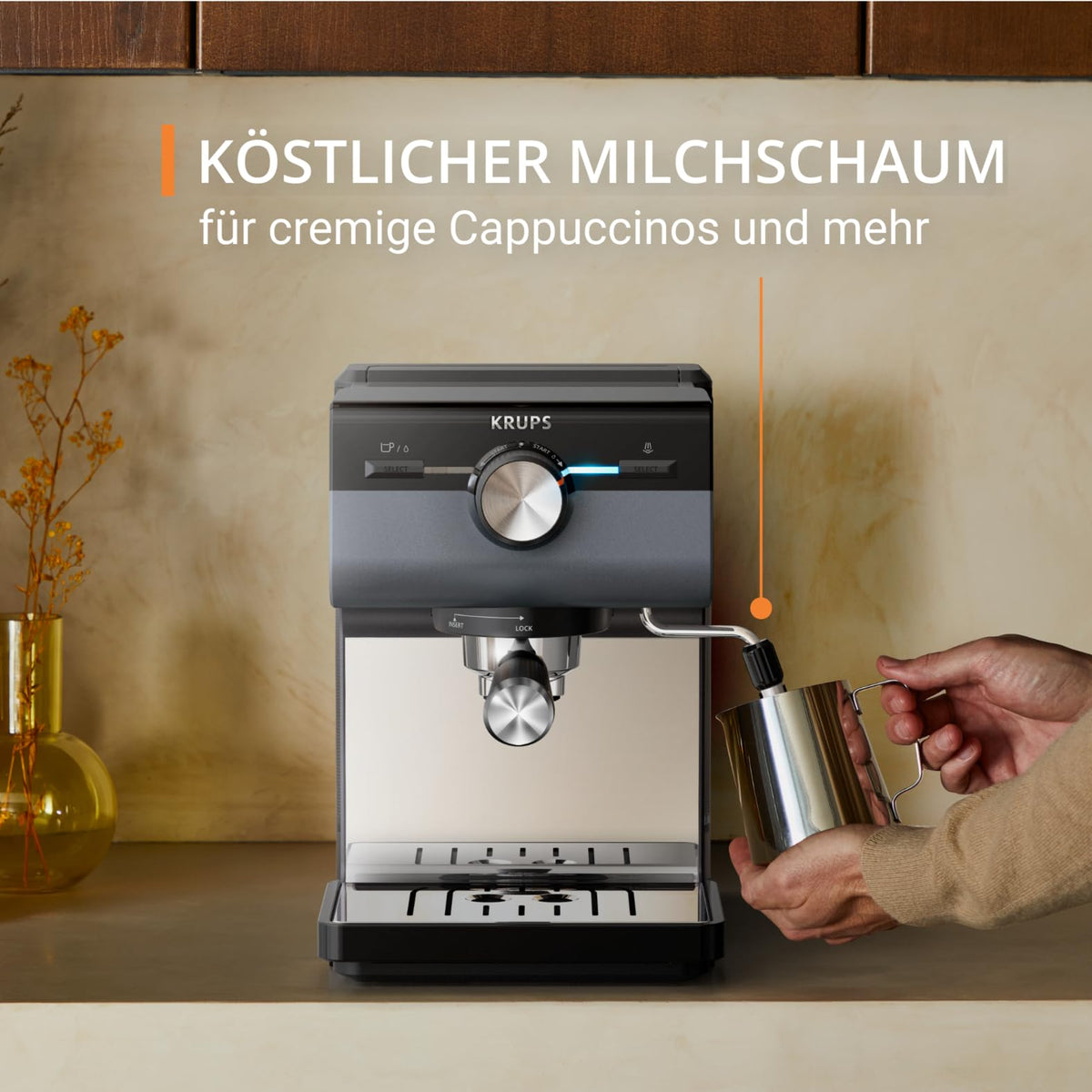 Krups Authentic+ Espresso Machine, 15 bar, intuitive operation, refined design, steam nozzle, including extensive accessories, Bullet Dark Silver/Stainless Steel, XP384G10