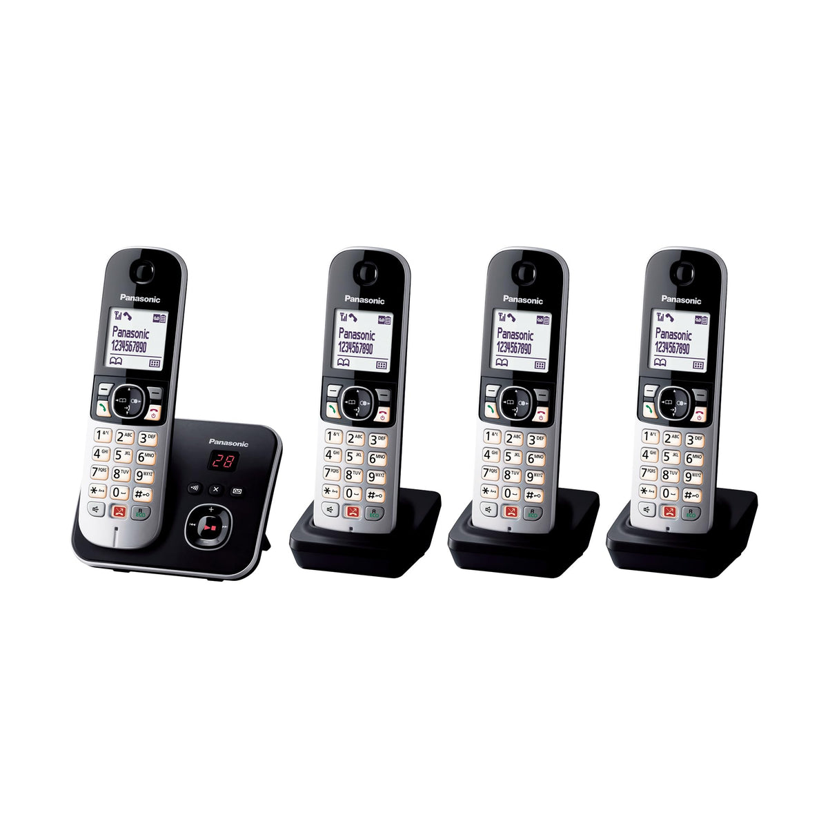 Panasonic KX-TG6864GB cordless phone with 4 handsets and answering machine (up to 1,000 blocked phone numbers, clear font size, loud receiver, full-duplex hands-free speaking) black-silver